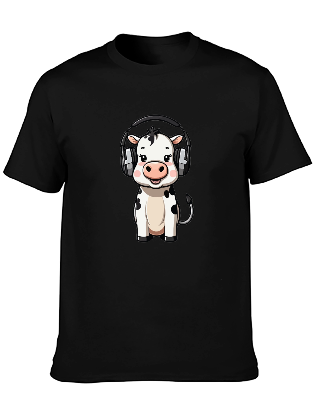 Black Cute Cow with Headphones Graphic Tee - Black Cotton view 3