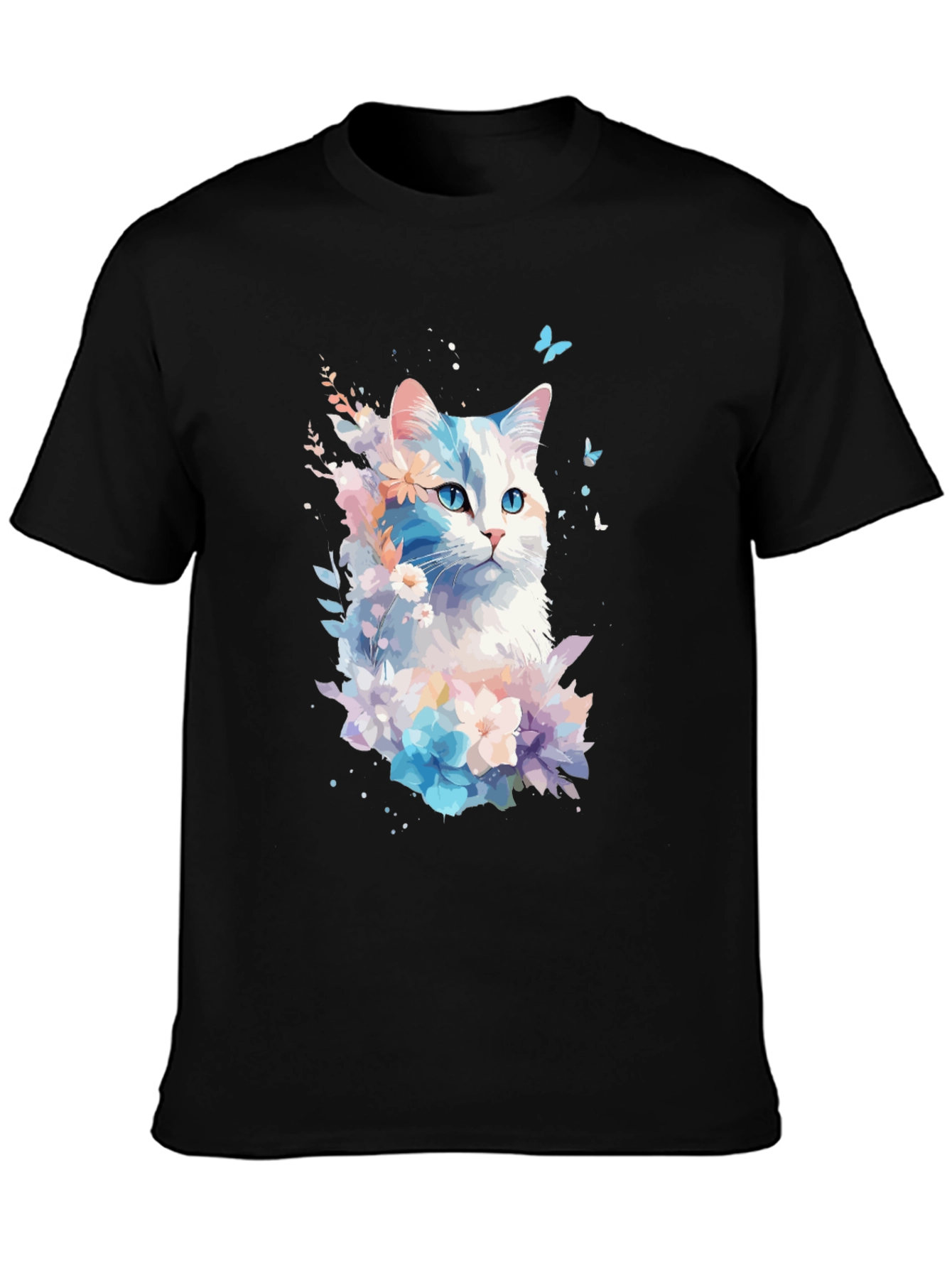 Black Floral Cat Graphic Black T-Shirt view 3