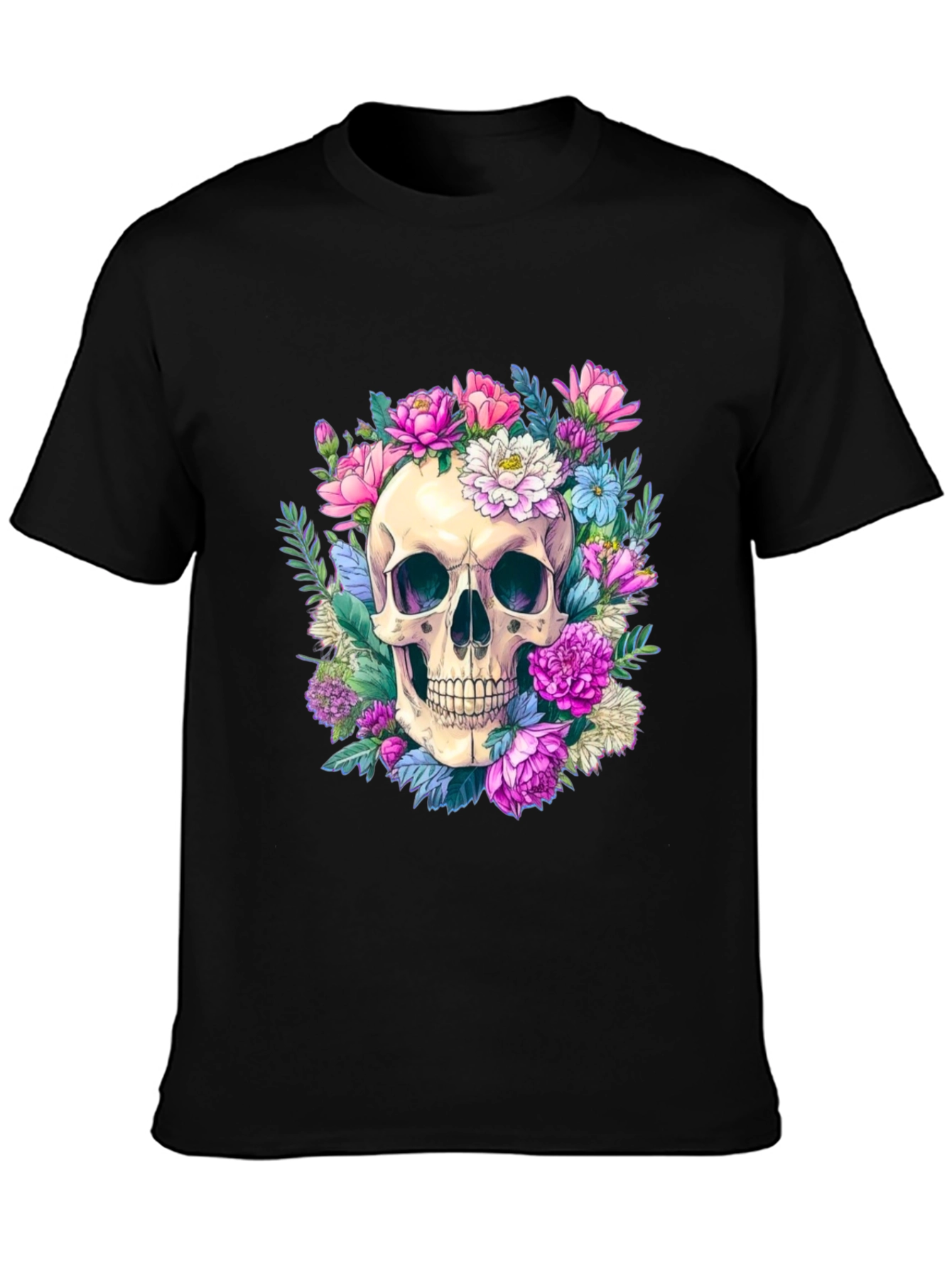 Black Floral Skull Graphic Tee - Men's Black T-Shirt view 3