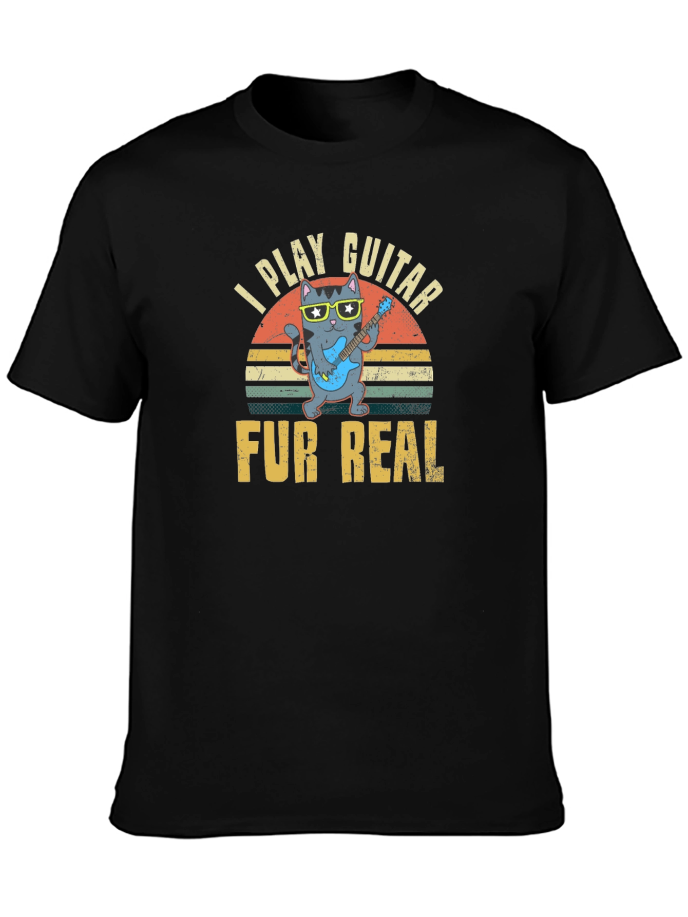 Black I Play Guitar Fur Real T-Shirt - Cool Cat Design view 3