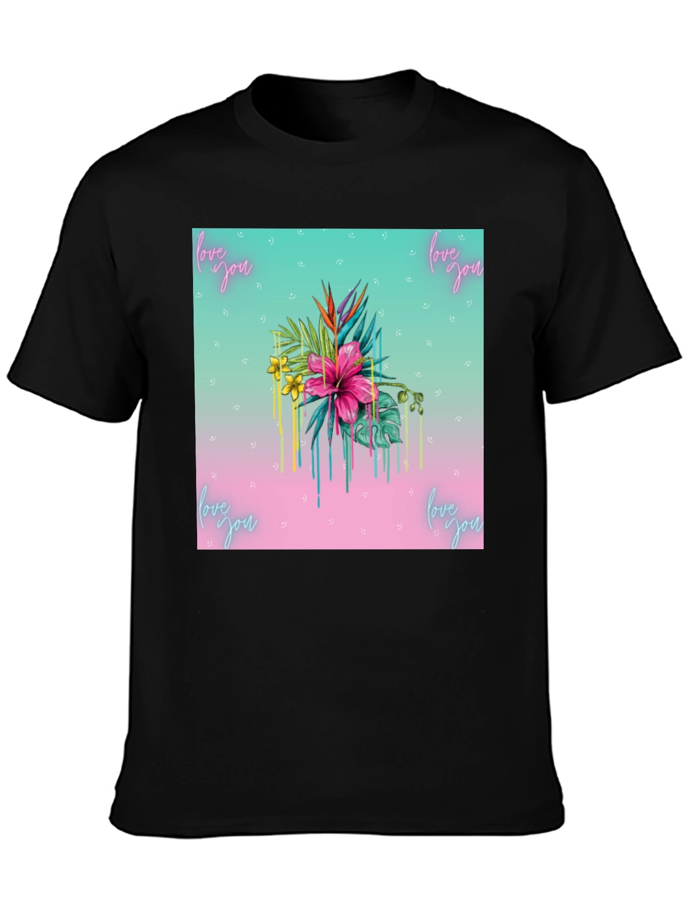 Black Floral "Love You" Graphic Black T-Shirt view 3