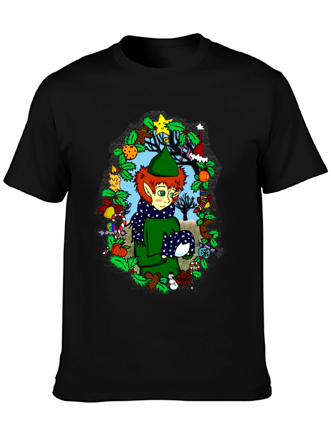 Black Festive Elf Christmas T-Shirt view 3
