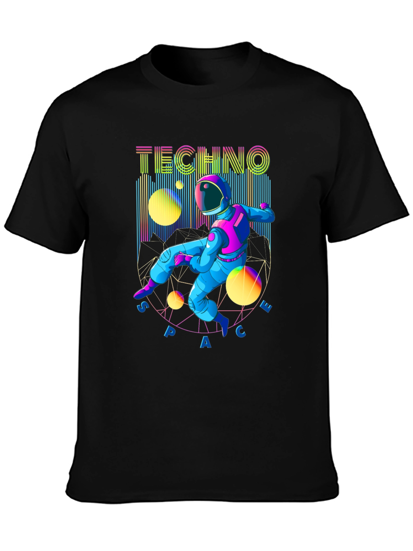 Black Techno Space T-Shirt - Retro Astronaut Design view 3