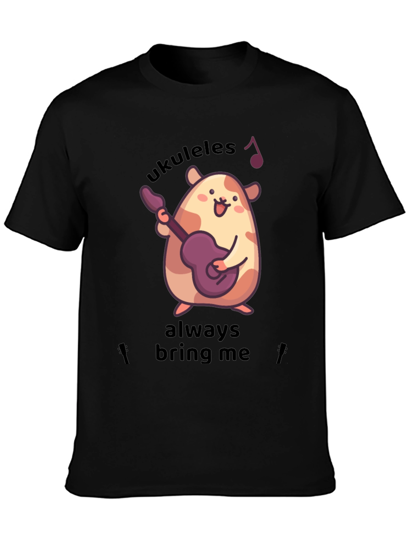 Black Cute Ukulele Hamster Graphic T-Shirt view 3