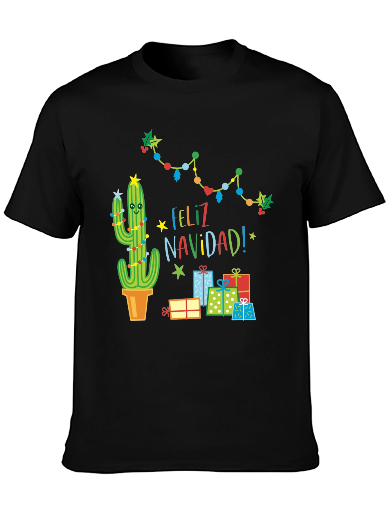 Black Feliz Navidad Cactus T-Shirt - Holiday Gift view 3