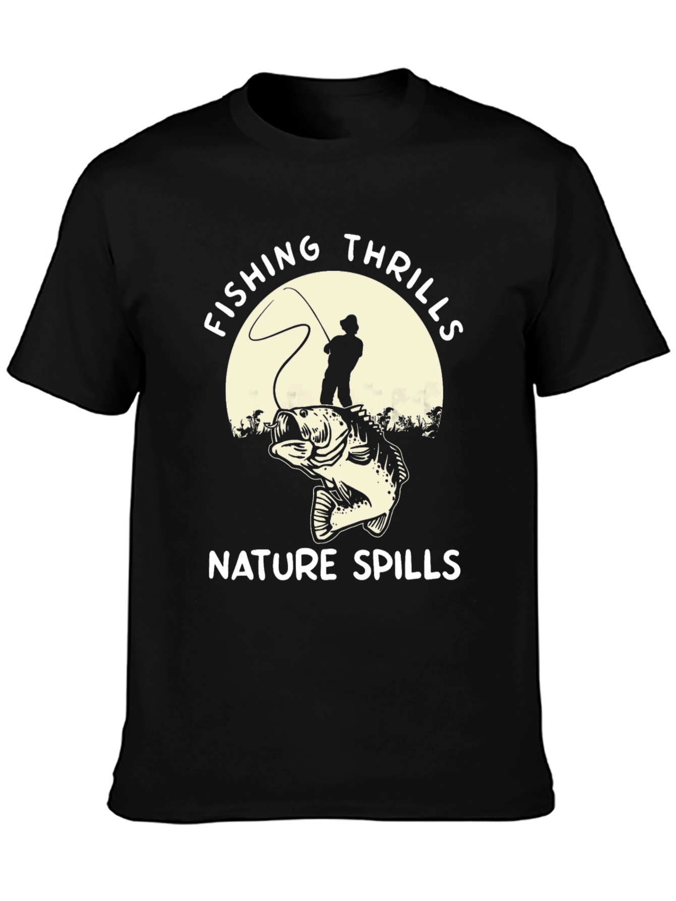 Black Fishing Thrills Nature Spills Graphic Tee view 3