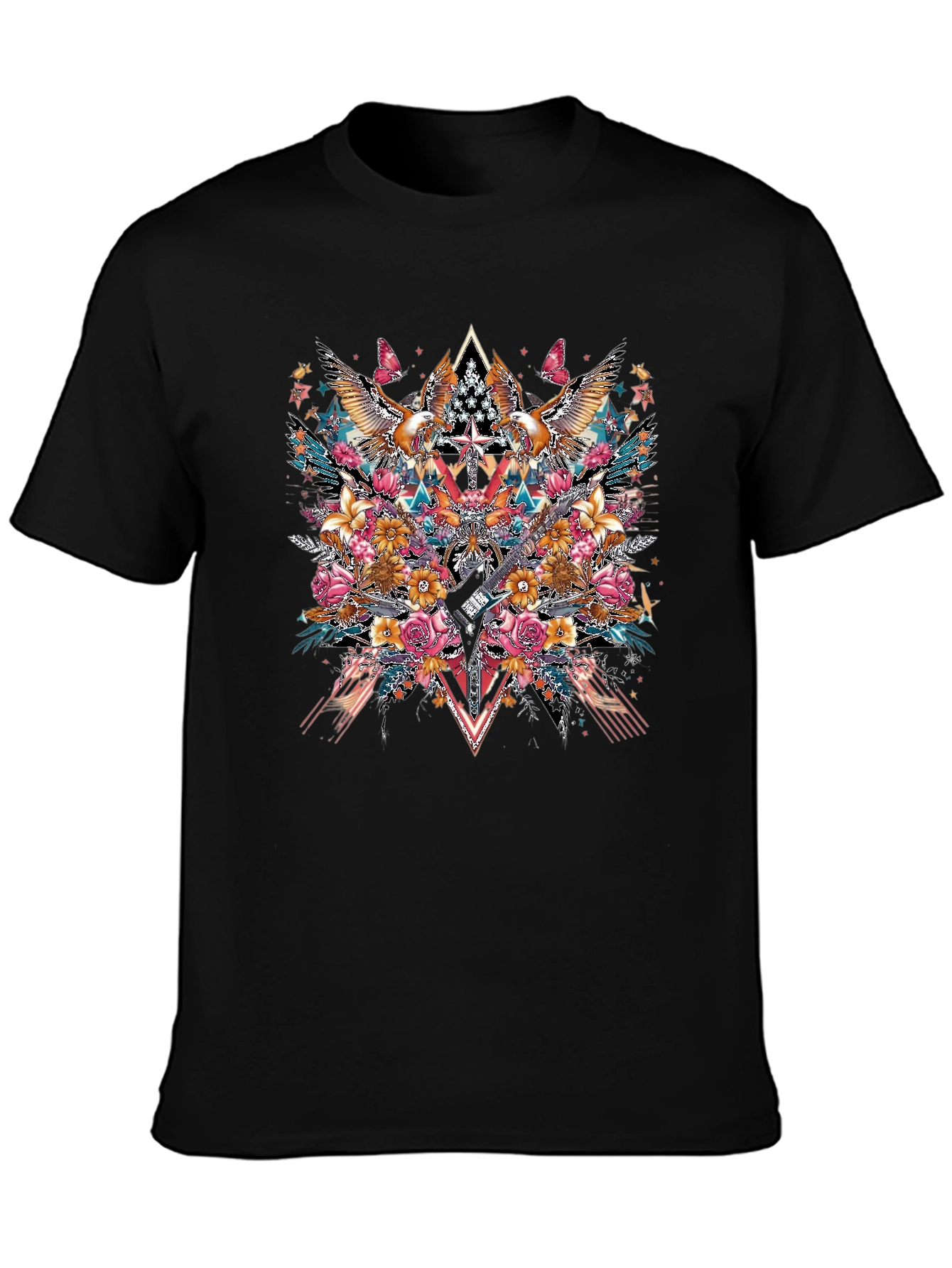 Black Floral Eagle Guitar Graphic Black T-Shirt view 3