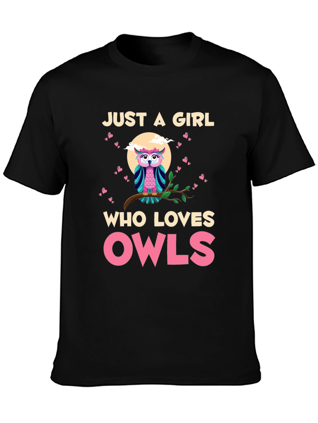 Black Just a Girl Who Loves Owls T-Shirt view 3