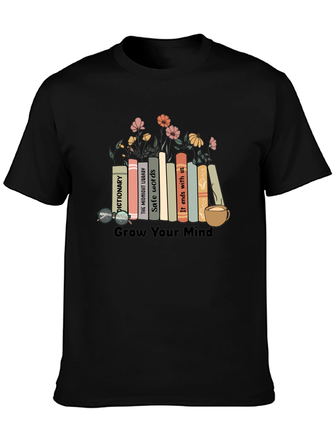 Black Grow Your Mind Bookshelf T-Shirt view 3