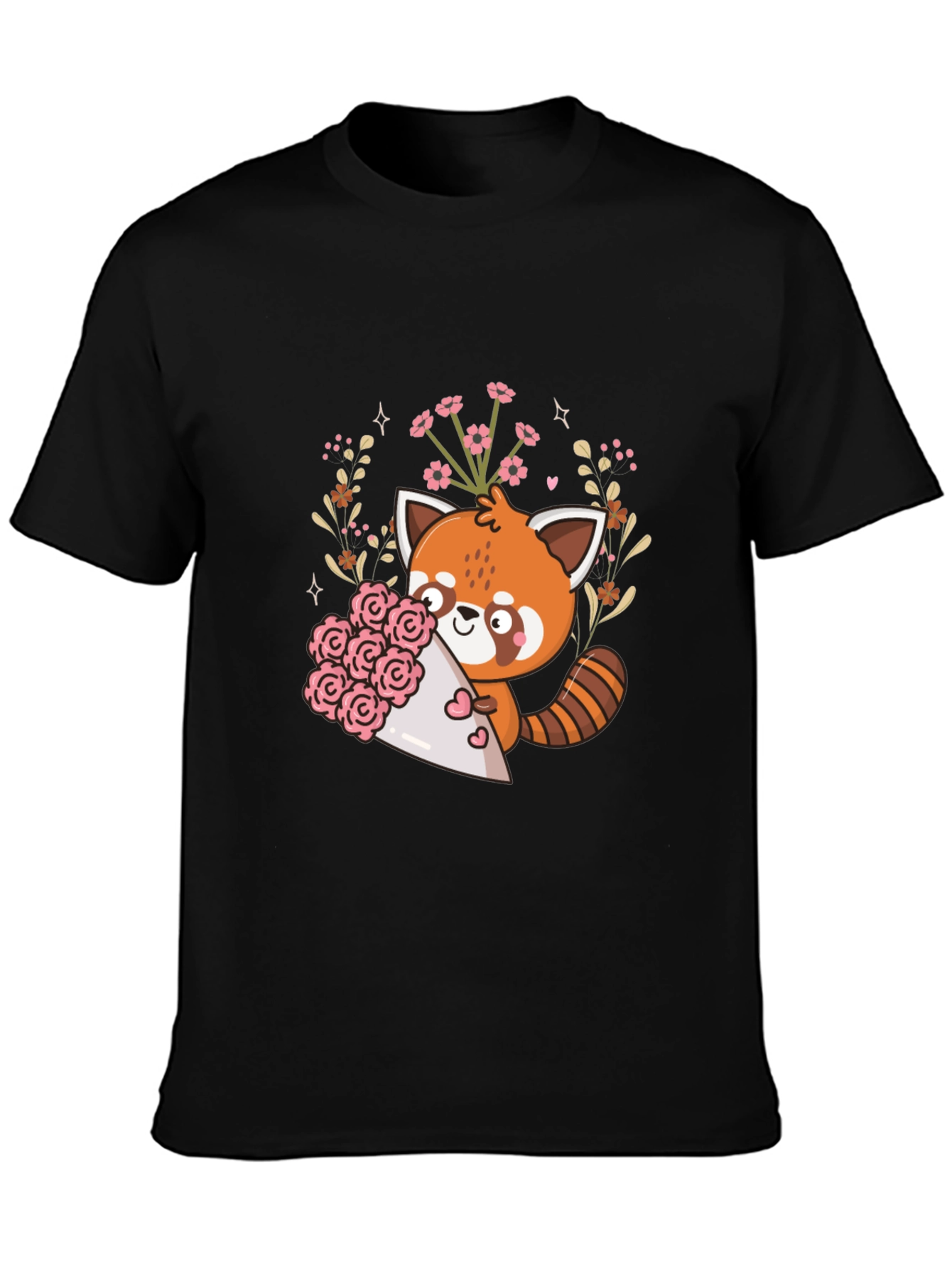 Black Cute Red Panda Floral Bouquet Graphic Tee view 3