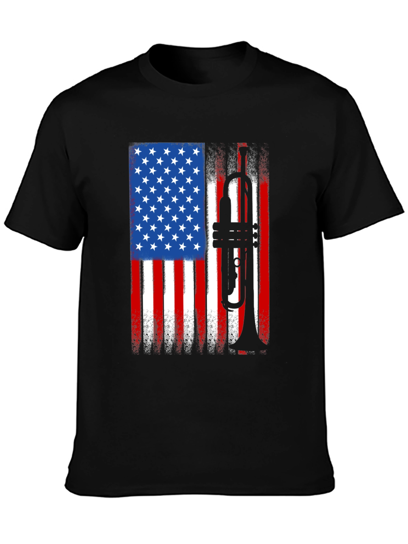 Black USA Flag Trumpet Graphic Tee - Patriotic Musician Shirt view 3