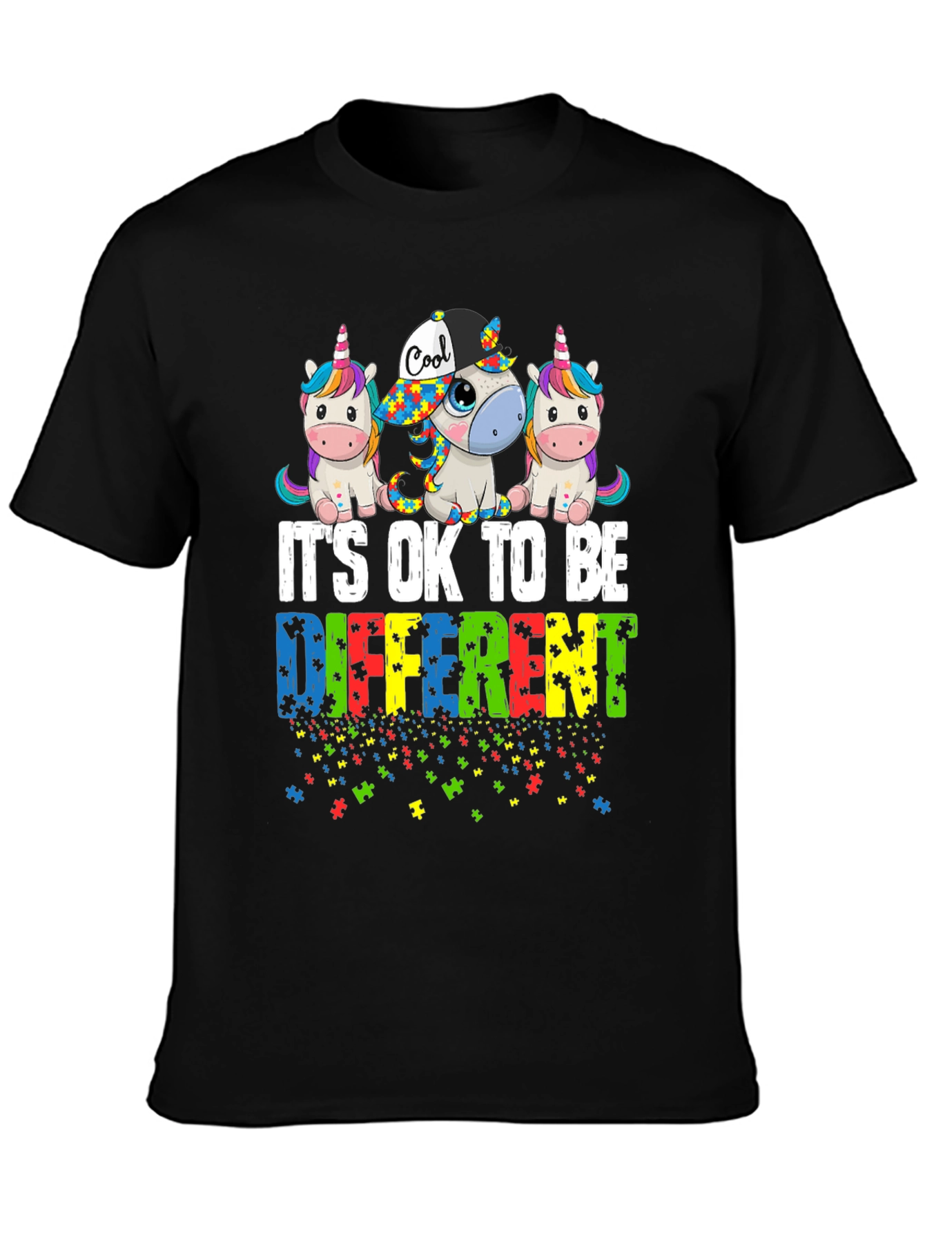 Black Autism Awareness Unicorn T-Shirt - It's OK To Be Different view 3