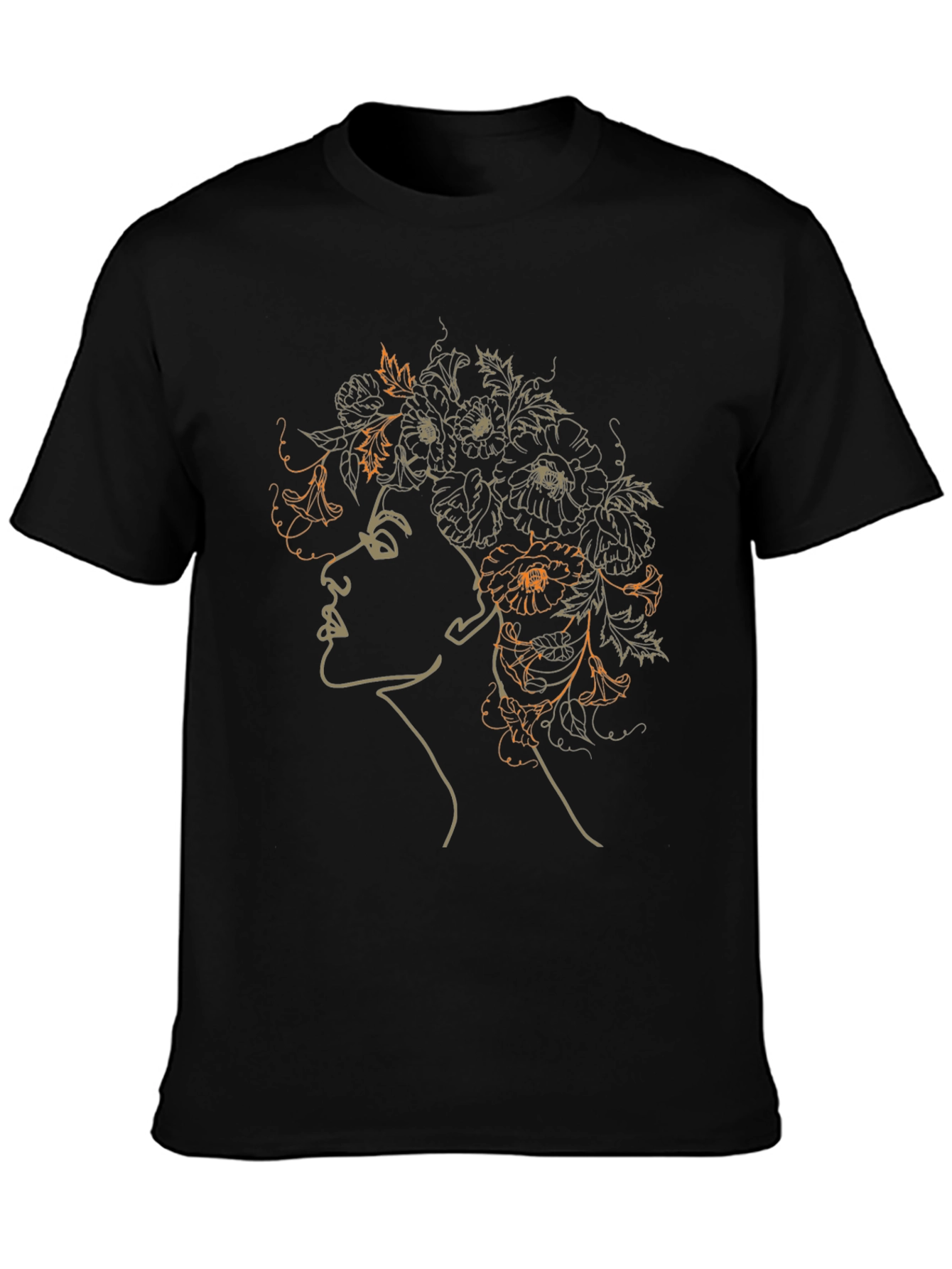 Black Floral Woman Graphic Tee - Black Cotton Casual T-Shirt view 3