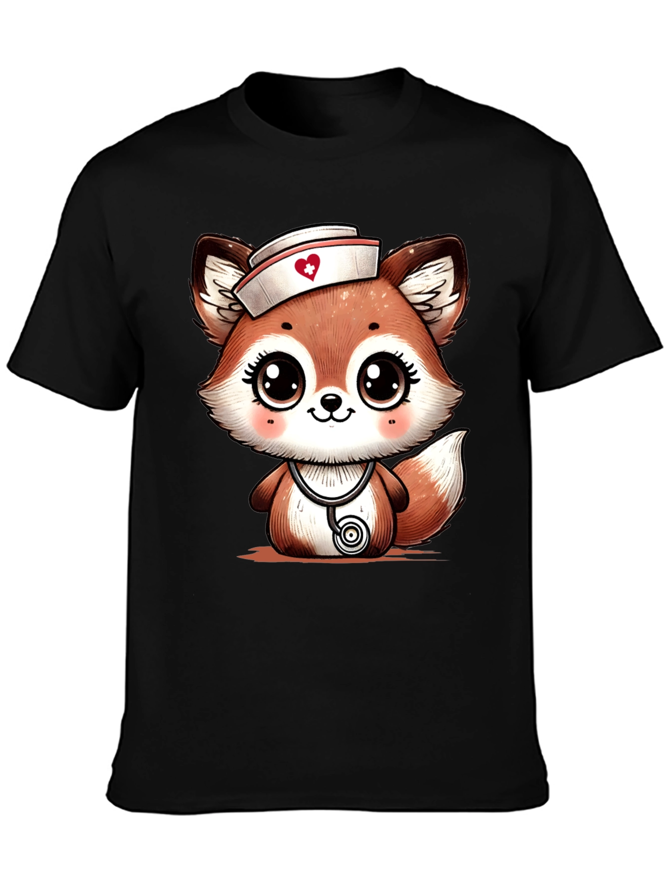 Black Cute Fox Nurse T-Shirt - Cartoon Animal Tee view 3