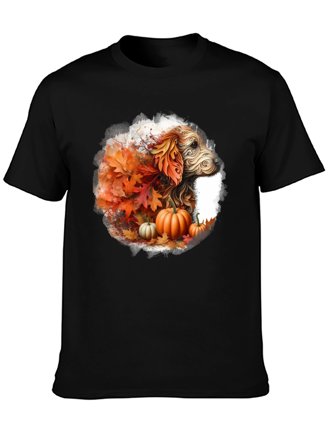 Black Fall Dog T-Shirt: Autumn Leaves & Pumpkin Design view 3