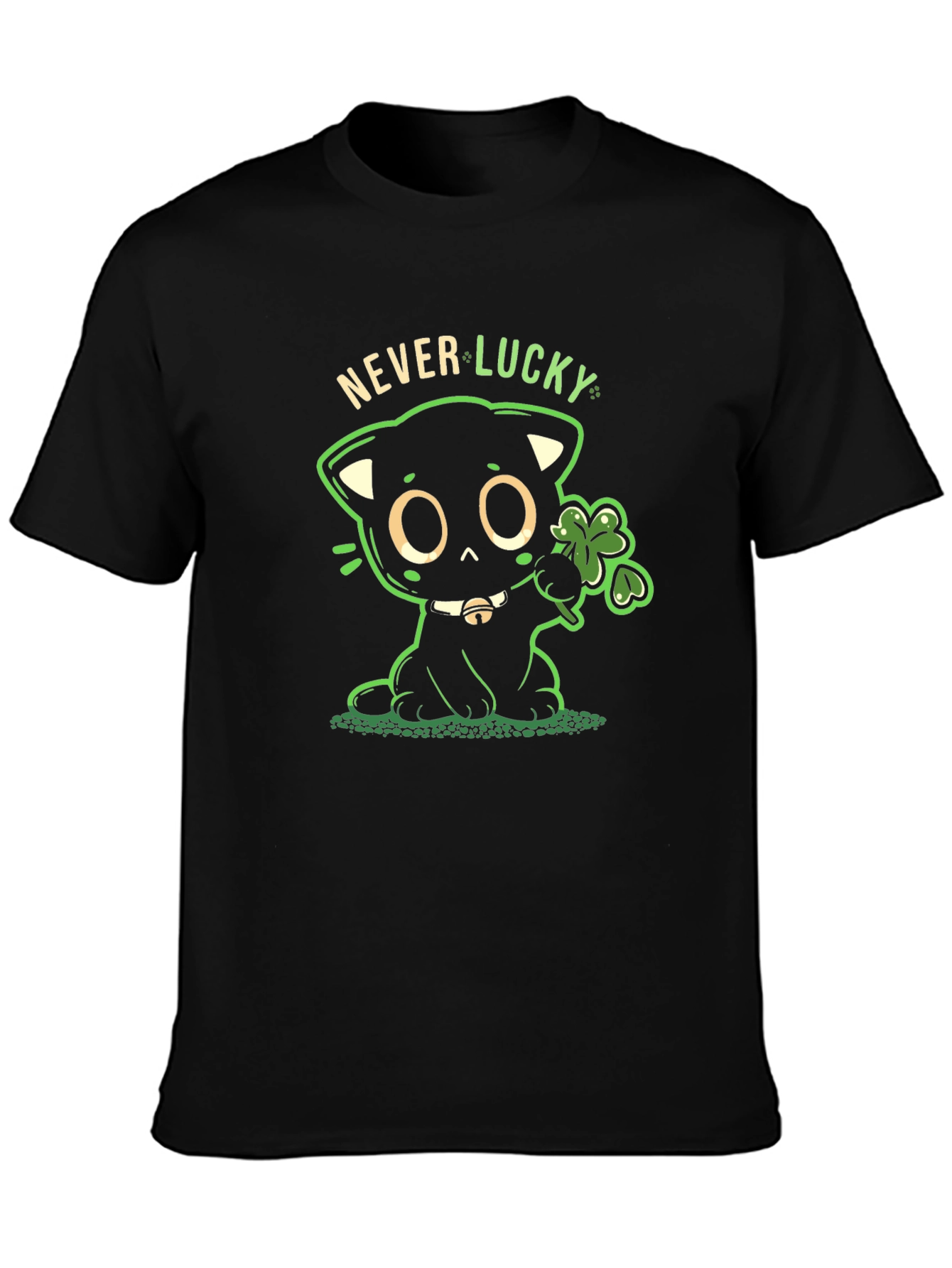 Black Never Lucky Black Cat St. Patrick's Day T-Shirt view 3
