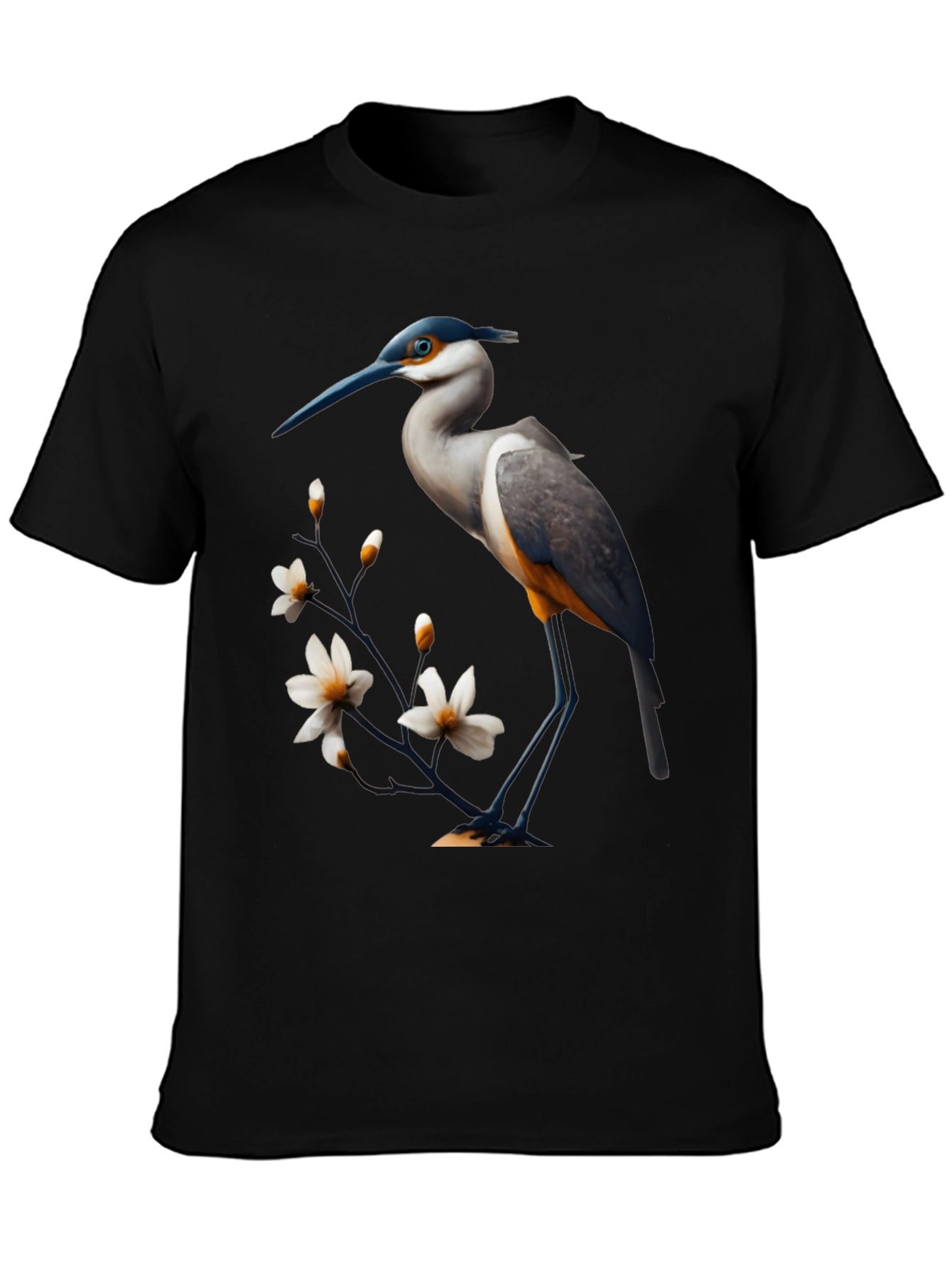 Black Heron & Blossom Graphic Tee - Stylish Bird Design view 3