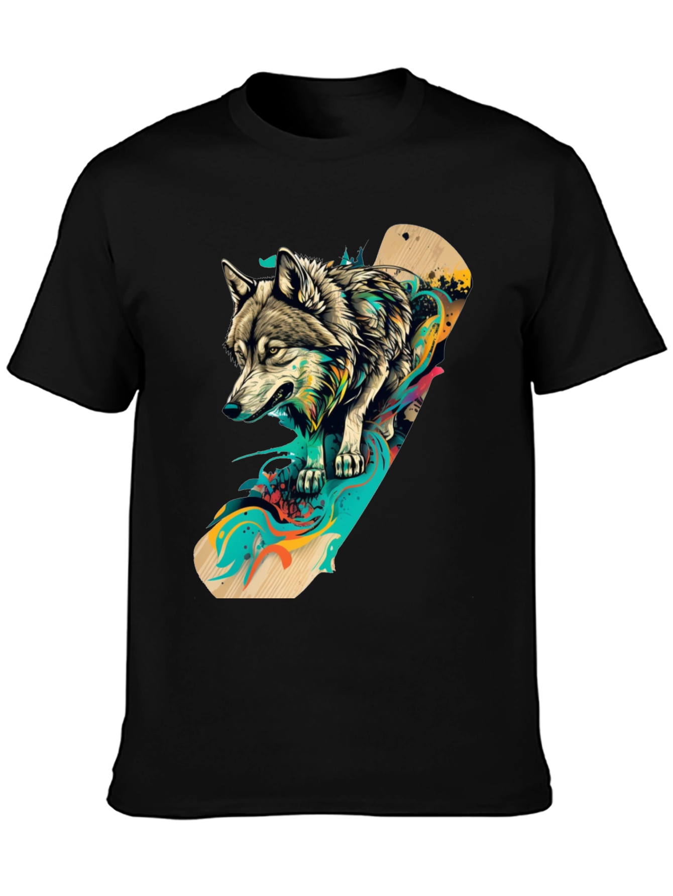 Black Wolf Skateboard Graphic Black T-Shirt view 3