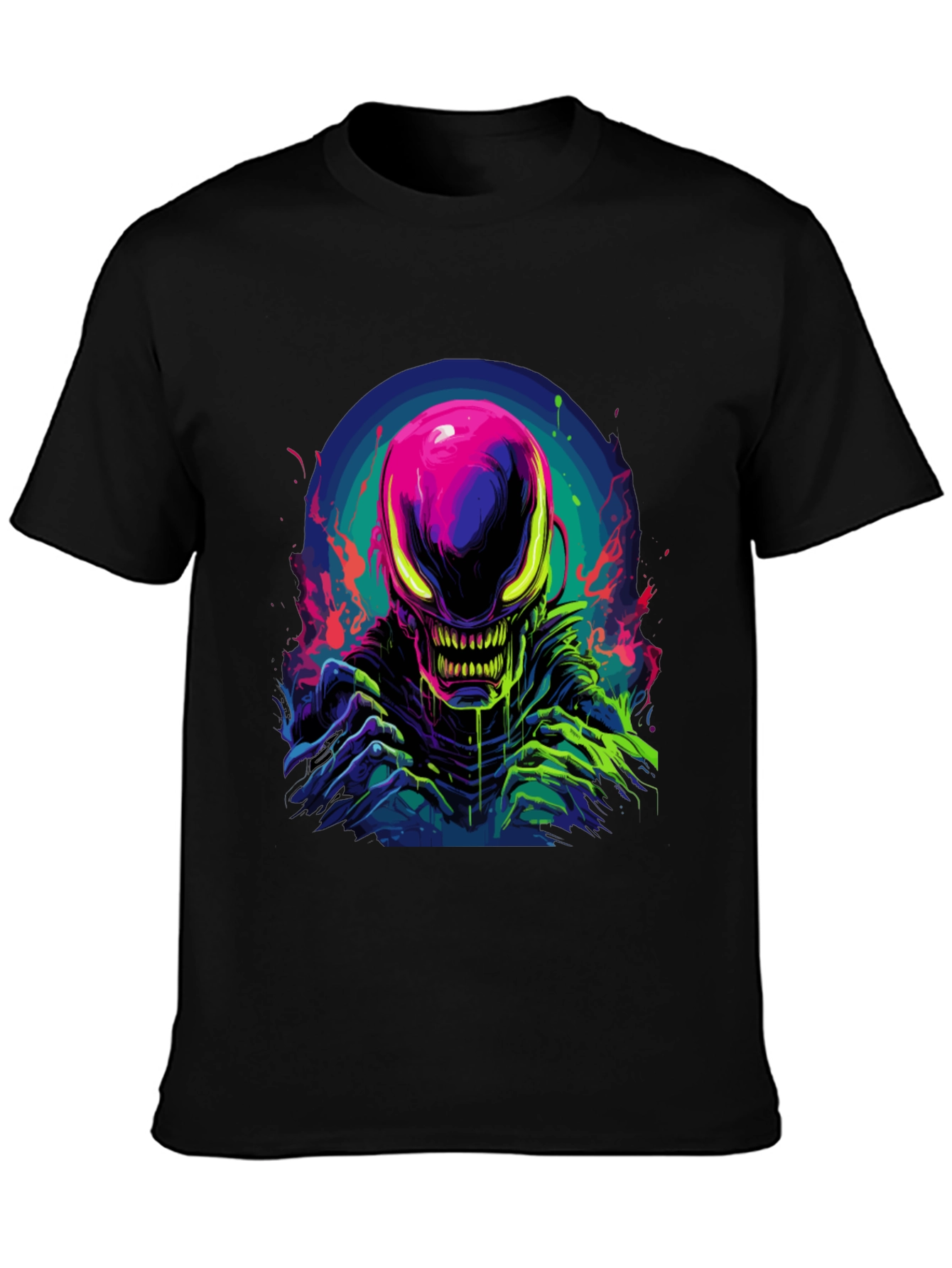 Black Neon Alien Graphic Black T-Shirt view 3