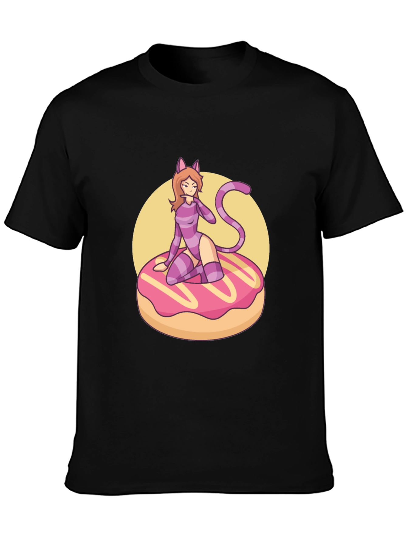 Black Black T-Shirt with Cat Girl on Donut Design view 3