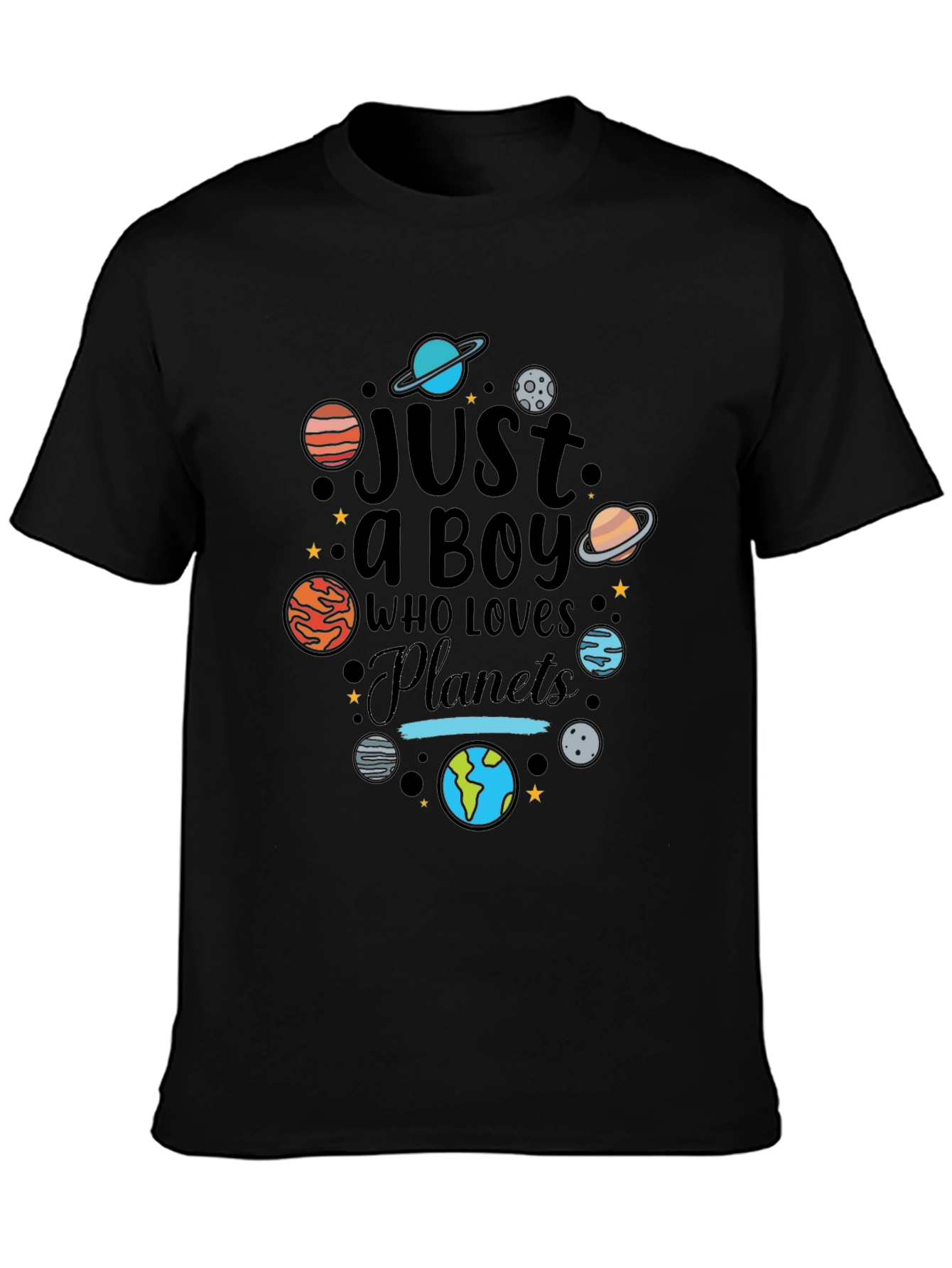 Black Just a Boy Who Loves Planets Graphic T-Shirt view 3