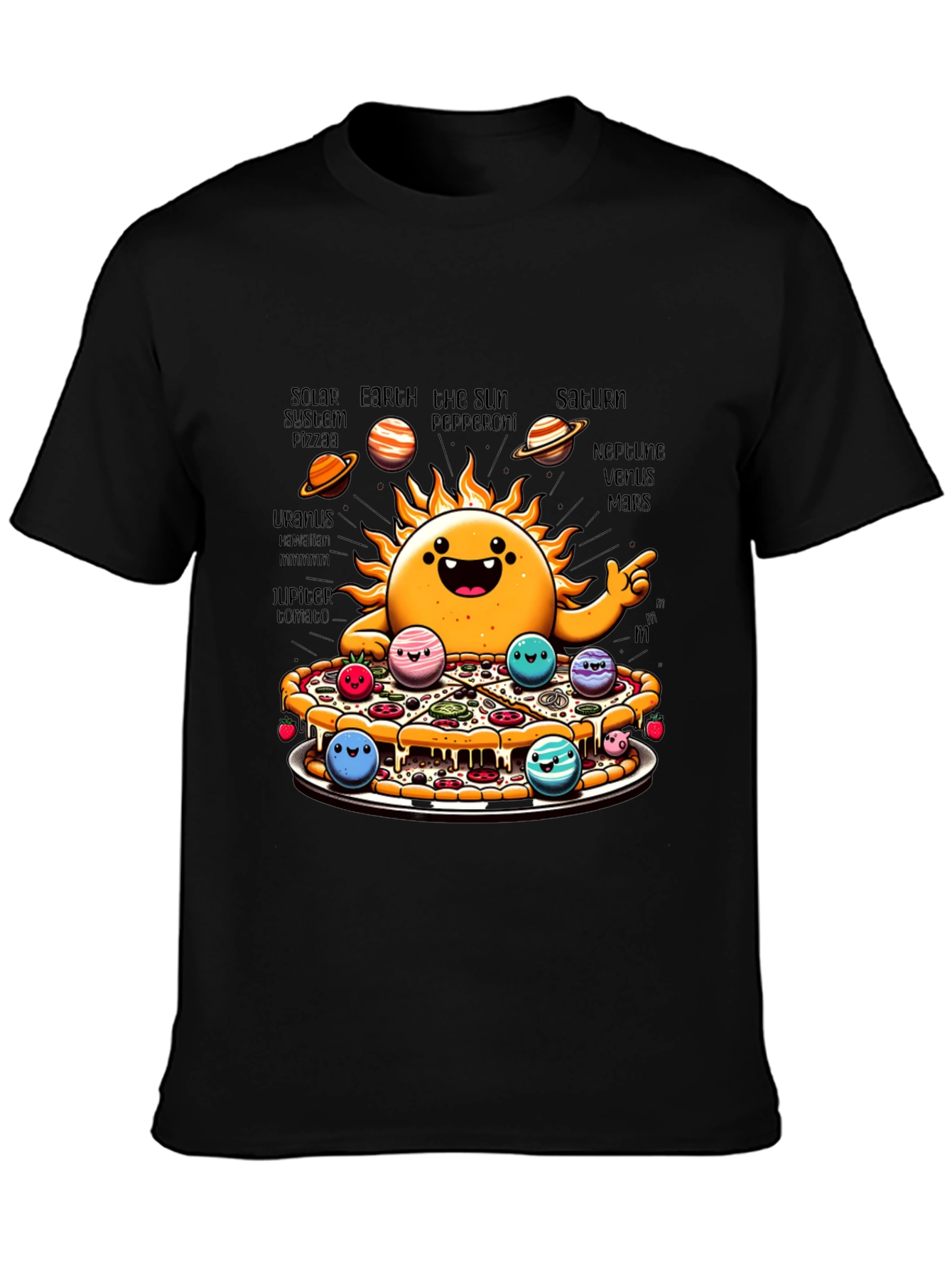 Black Solar System Pizza Funny Graphic Tee view 3