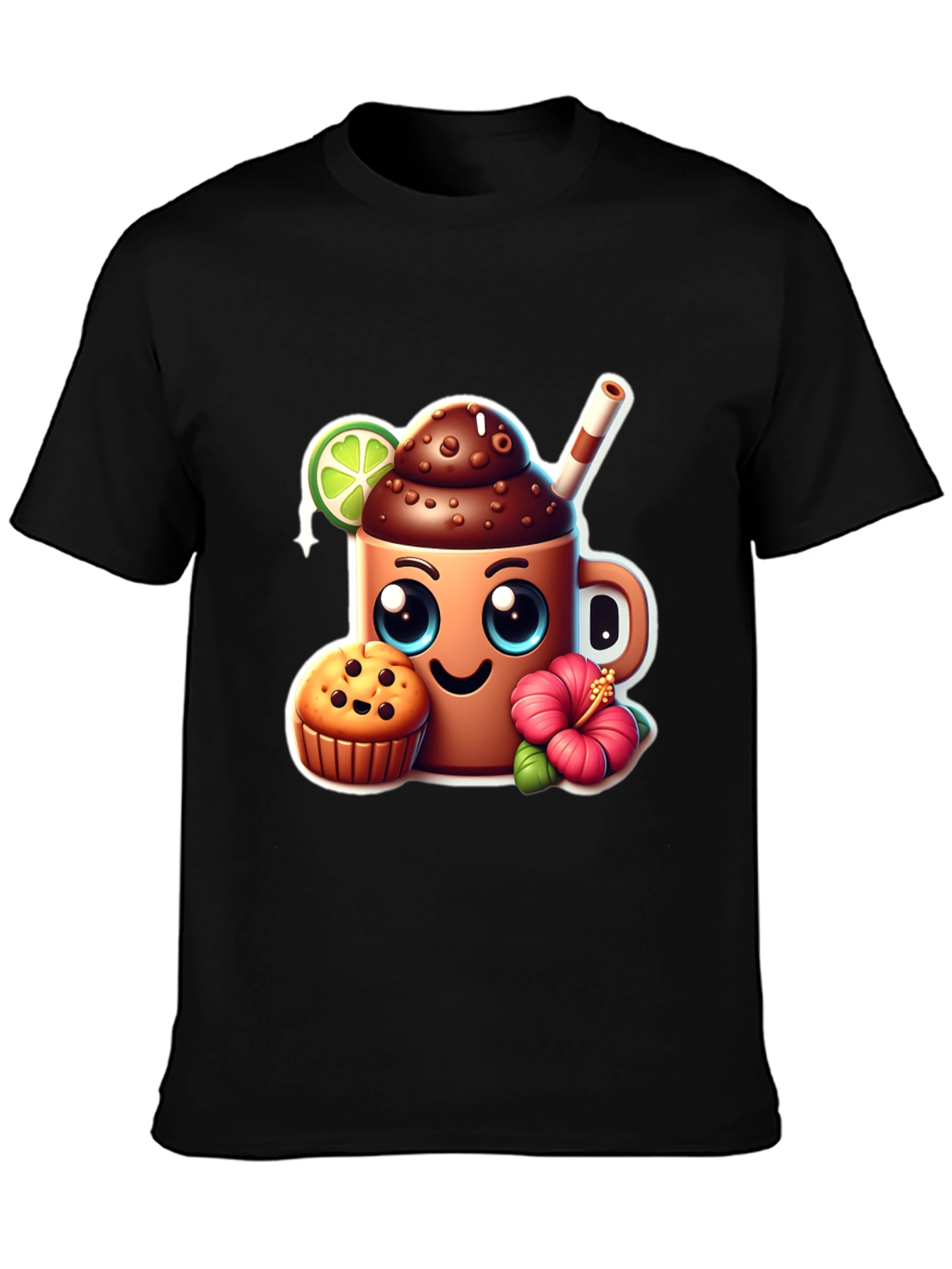 Black Fun Graphic Tee: Kawaii Coffee & Muffin view 3