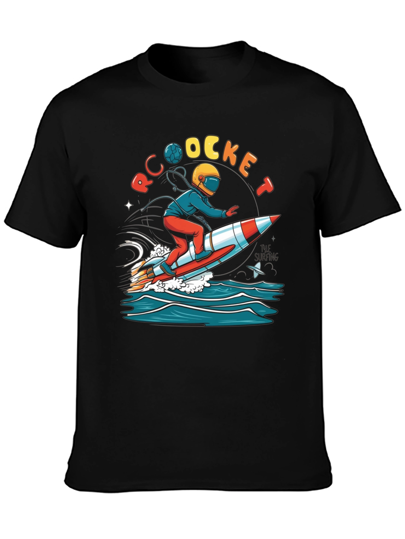Black Rocket Surfing T-Shirt - Unique Graphic Tee view 3