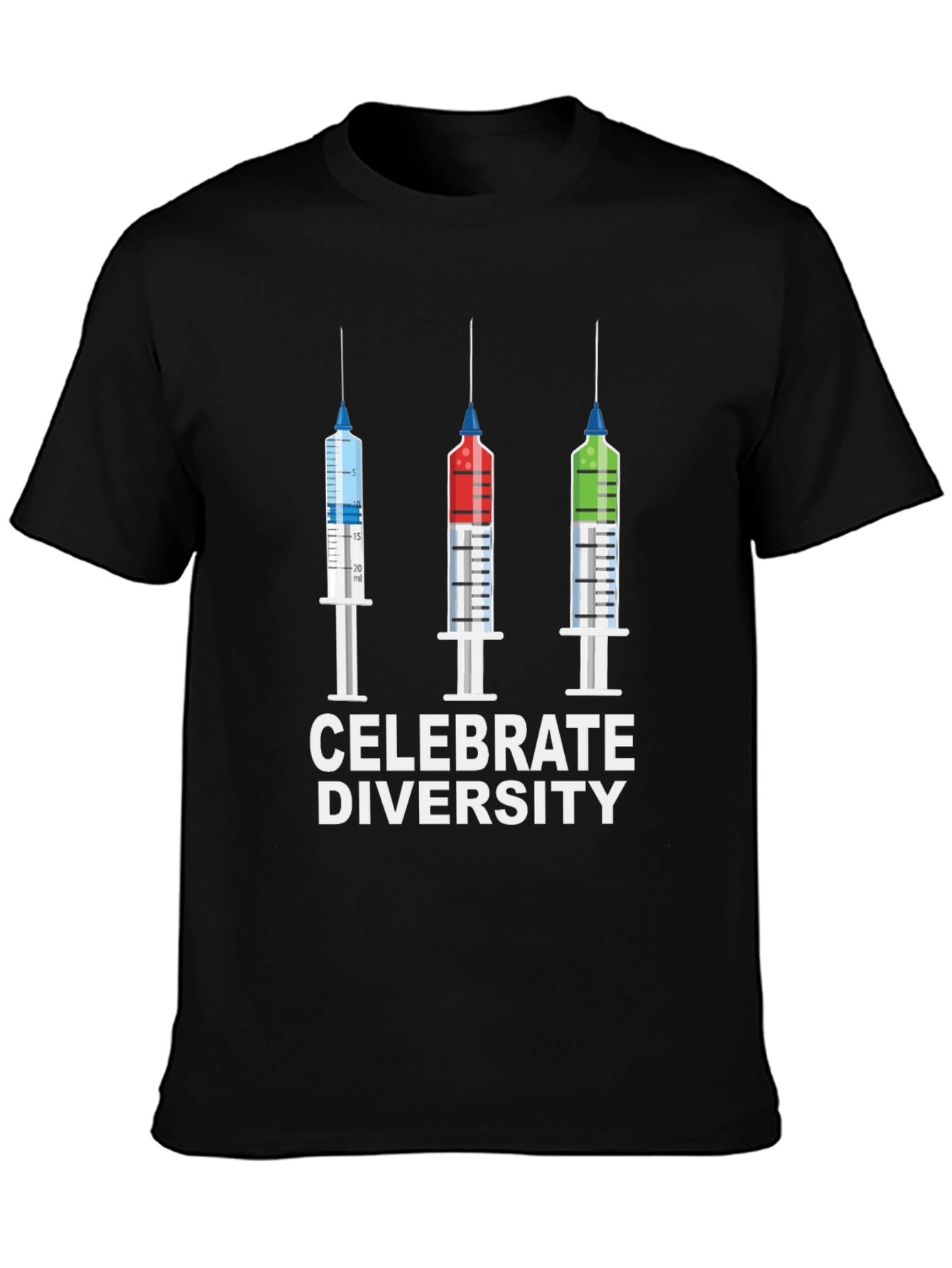 Black Celebrate Diversity T-Shirt - Colorful Syringe Design view 3