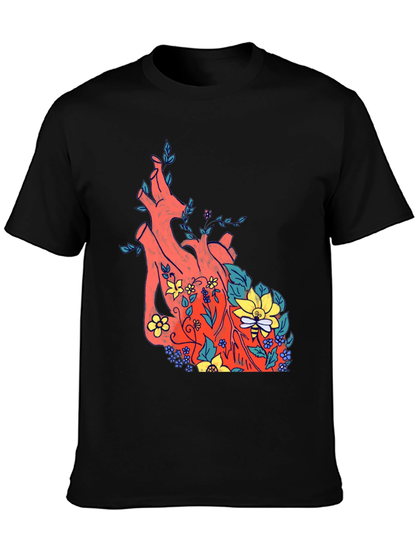 Black Floral Heart Print Black T-Shirt view 3