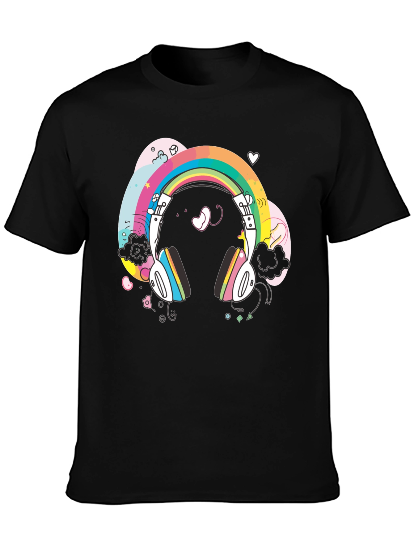 Black Rainbow Headphones Graphic Tee - Black Cotton T-Shirt view 3