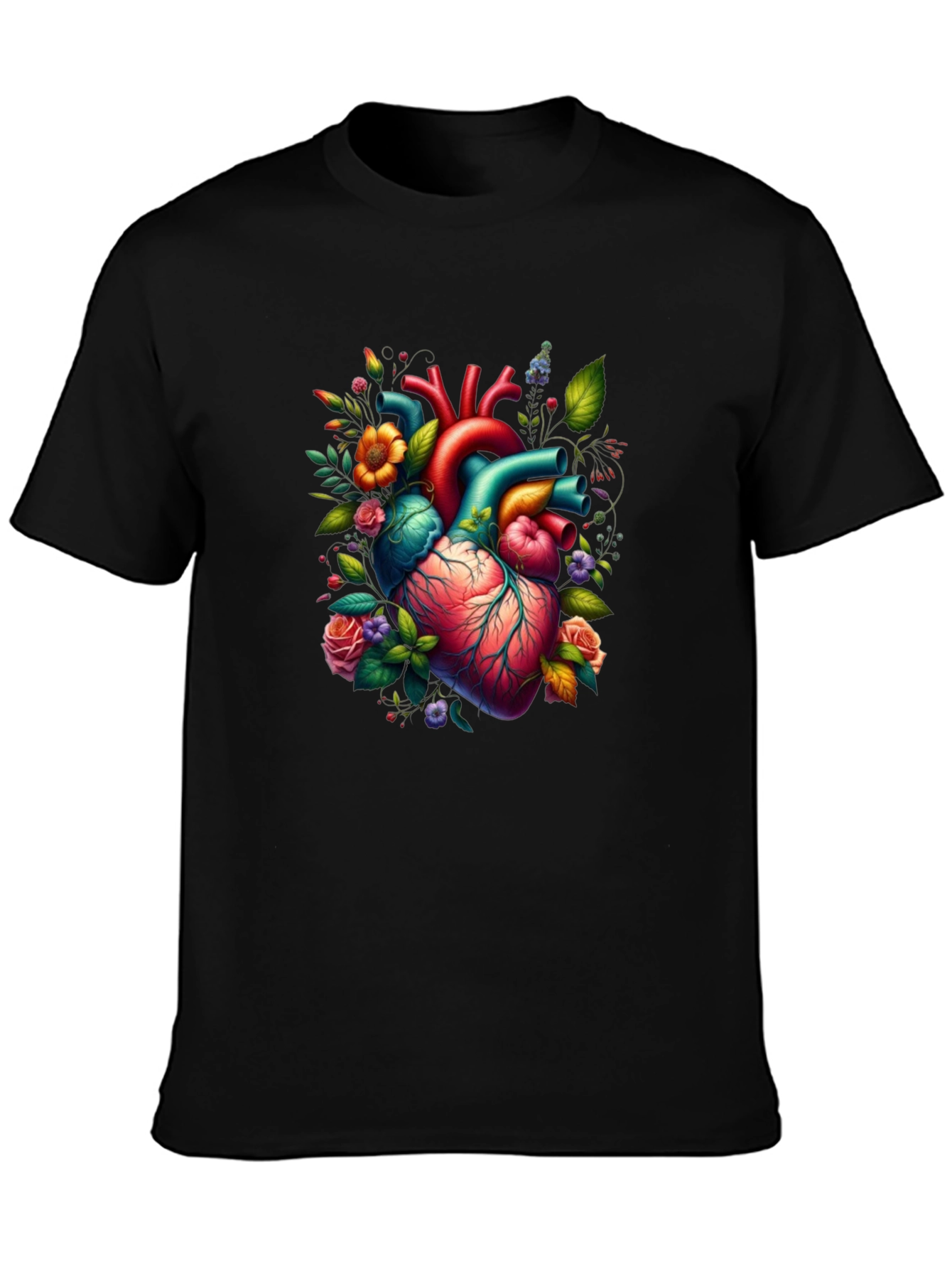 Black Anatomical Heart Floral Graphic T-Shirt view 3