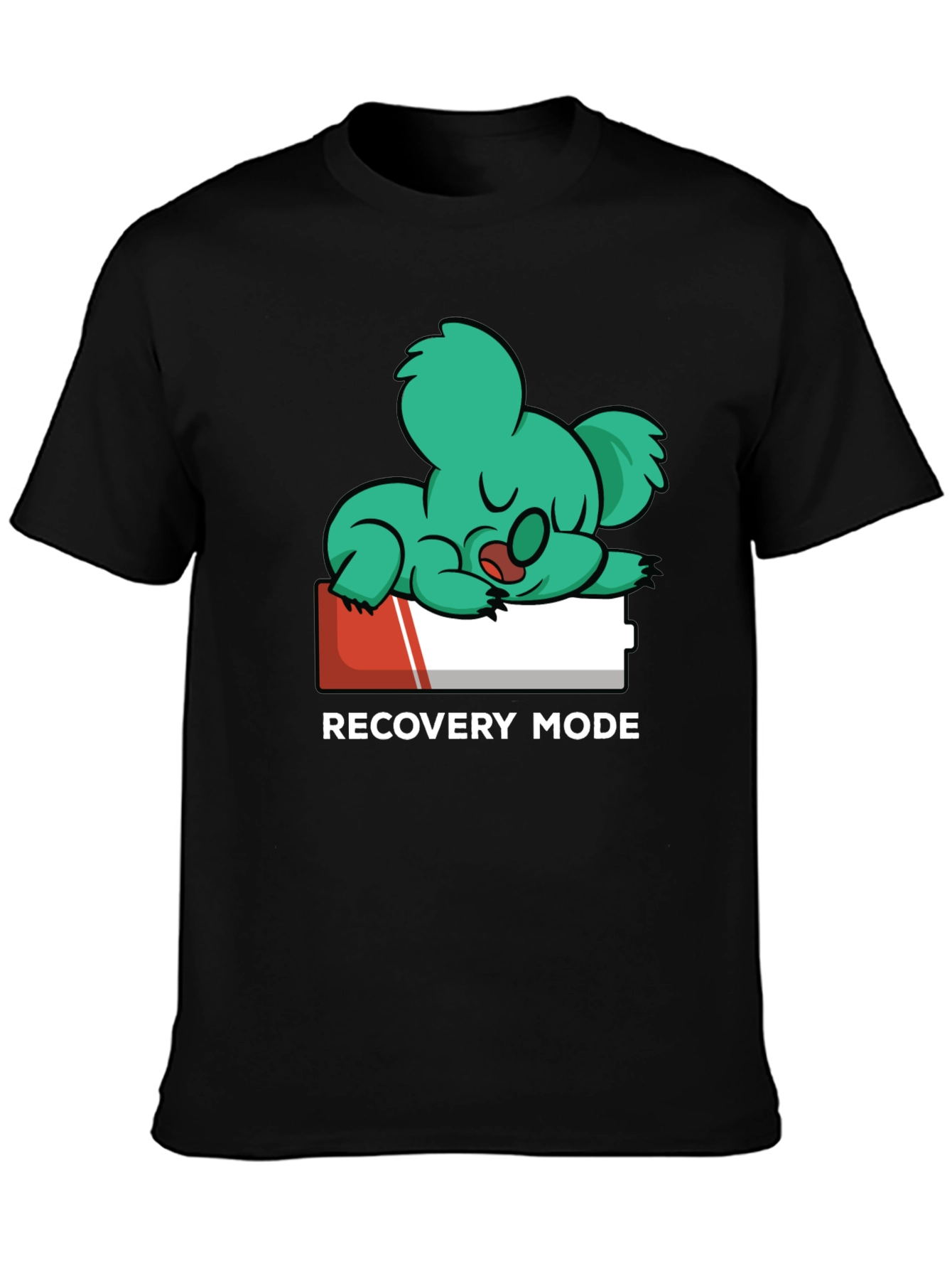 Black Recovery Mode T-Shirt: Sleepy Koala on Low Battery view 3