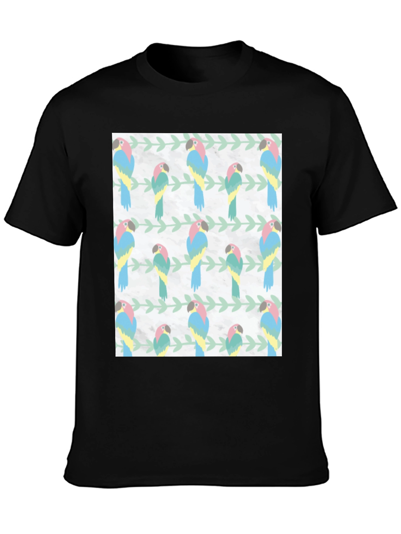 Black Parrot Pattern Black T-Shirt view 3