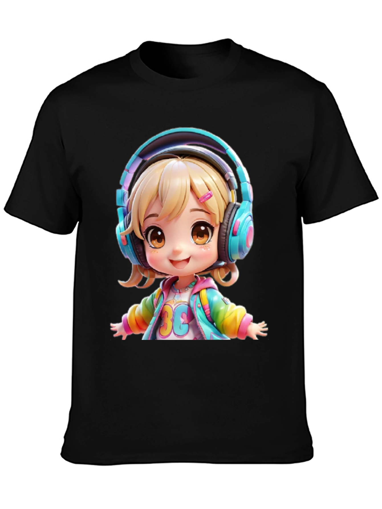 Black Anime Girl with Headphones Graphic T-Shirt view 3