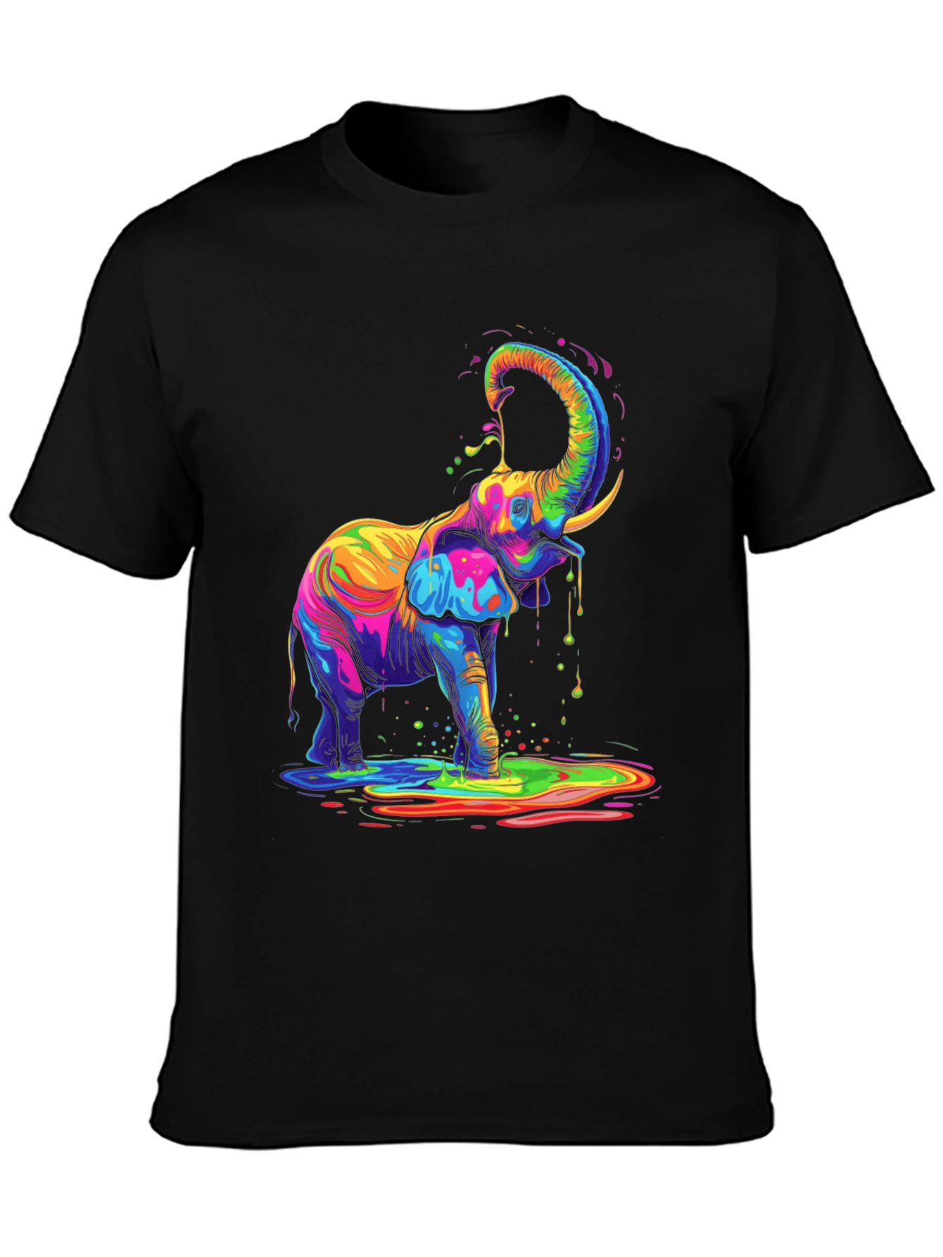 Black Colorful Elephant Graphic Tee - Black Cotton T-Shirt view 3
