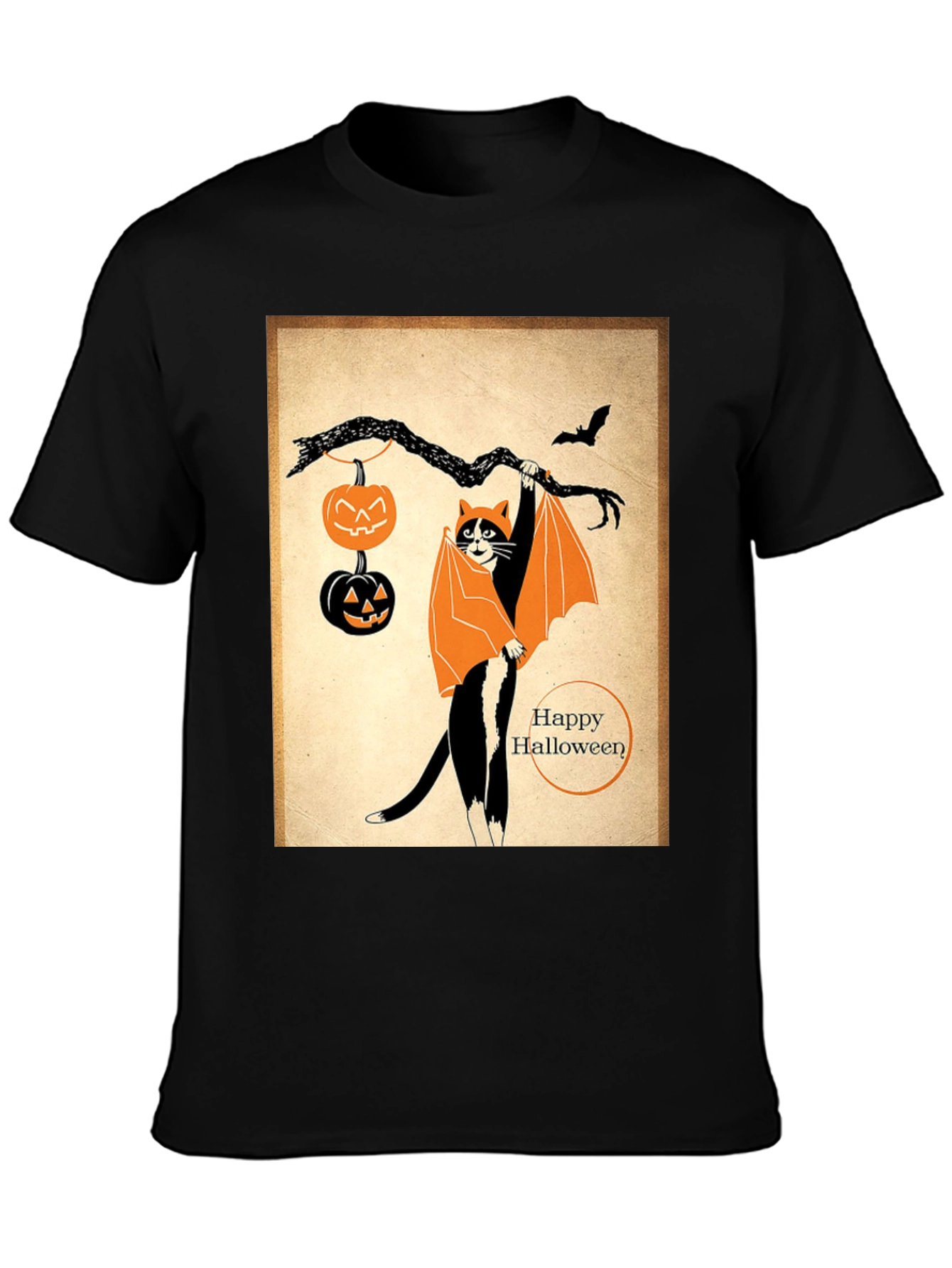 Black Halloween Cat T-Shirt Bat Costume Pumpkins view 3