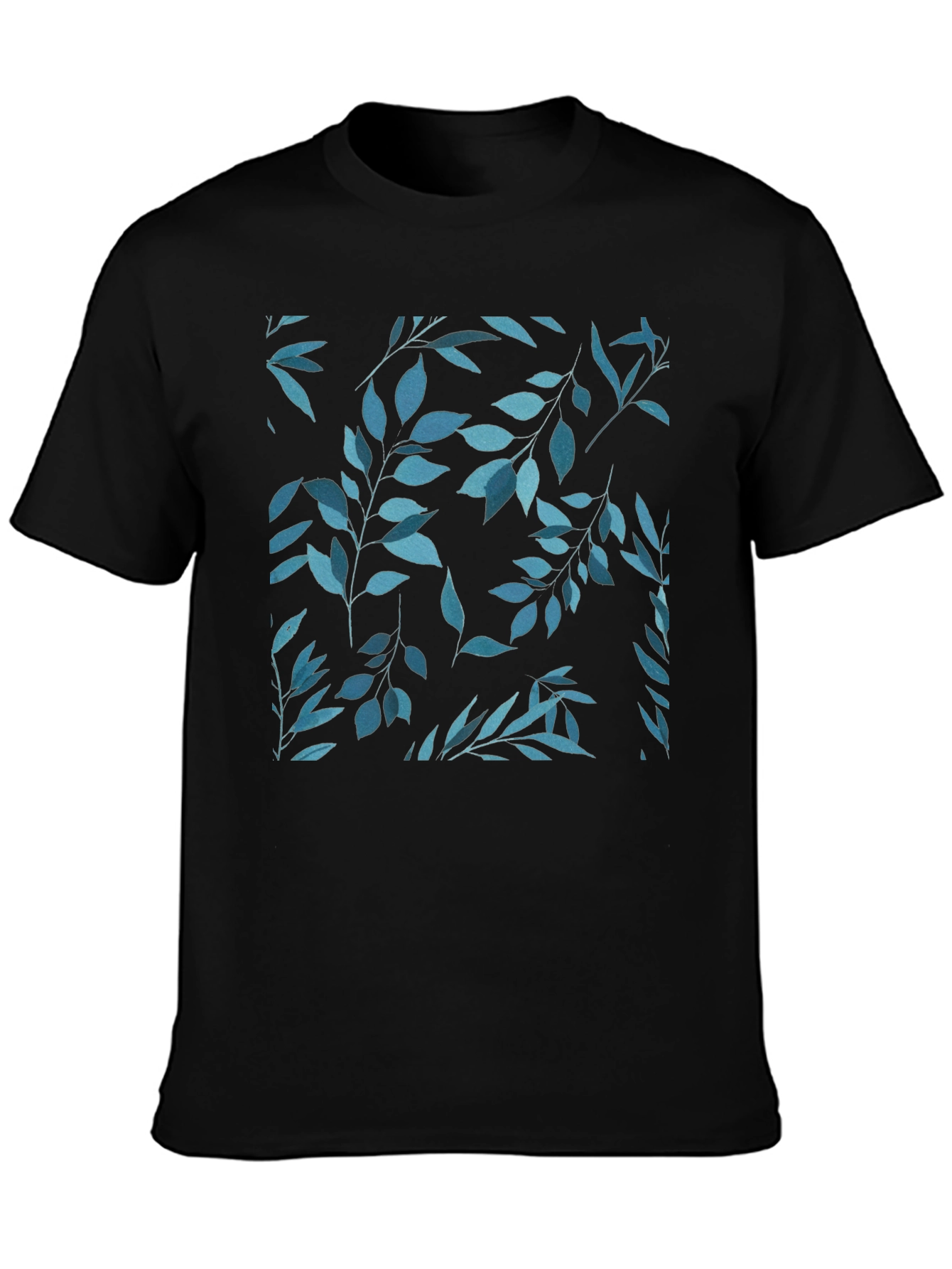 Black Blue Leaf Print Black T-Shirt view 3