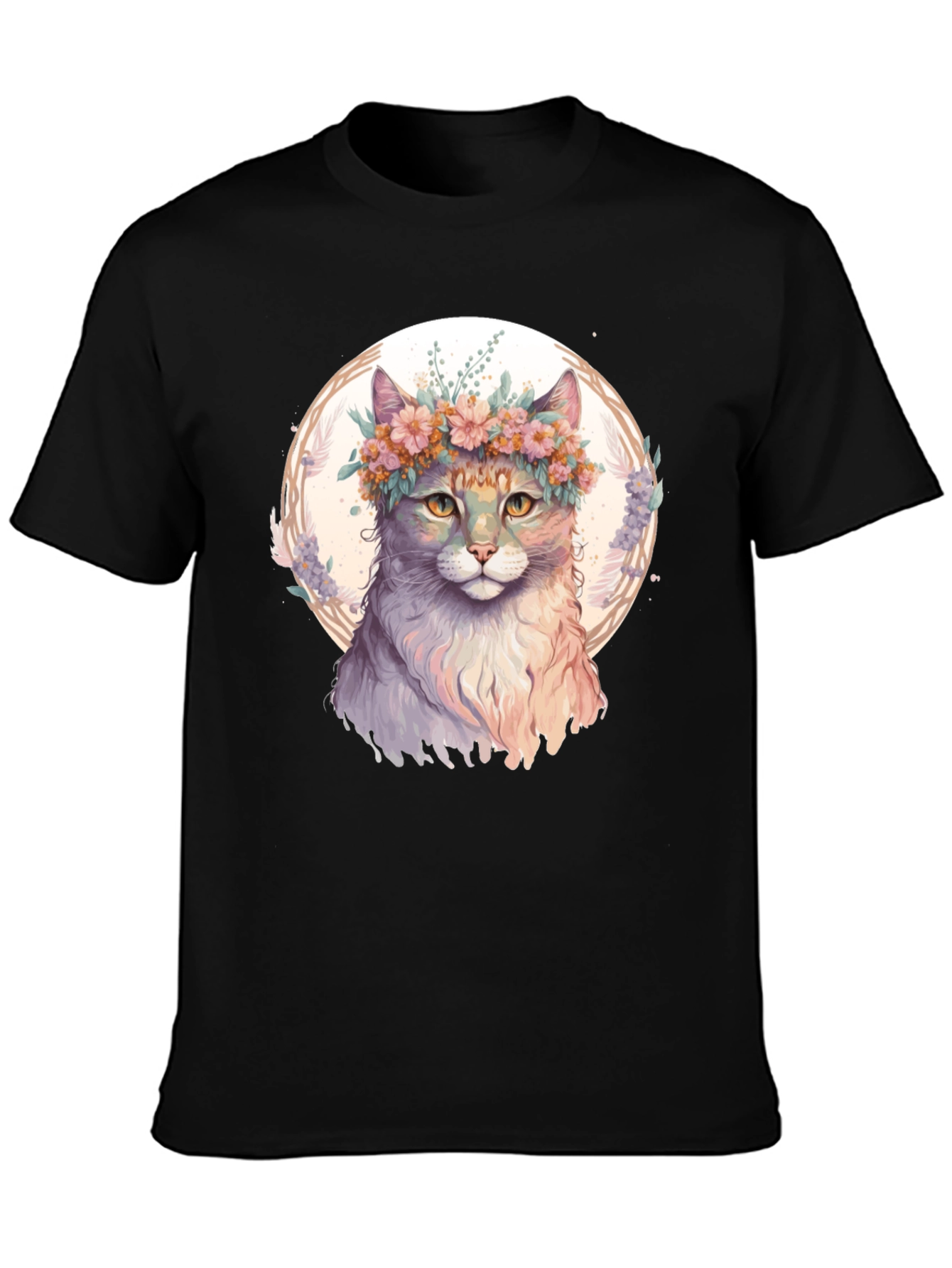 Black Cat Flower Crown Graphic Black T-Shirt view 3