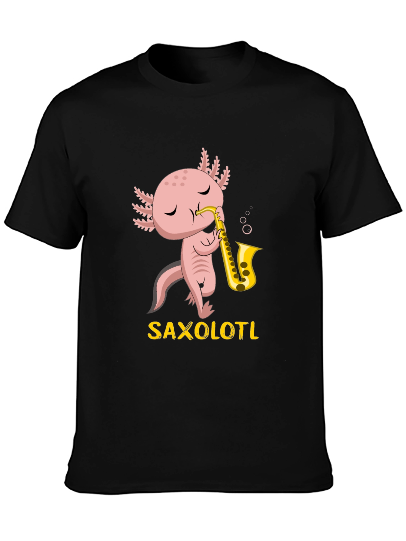 Black Saxolotl T-Shirt: Funny Axolotl Saxophone Player Tee view 3
