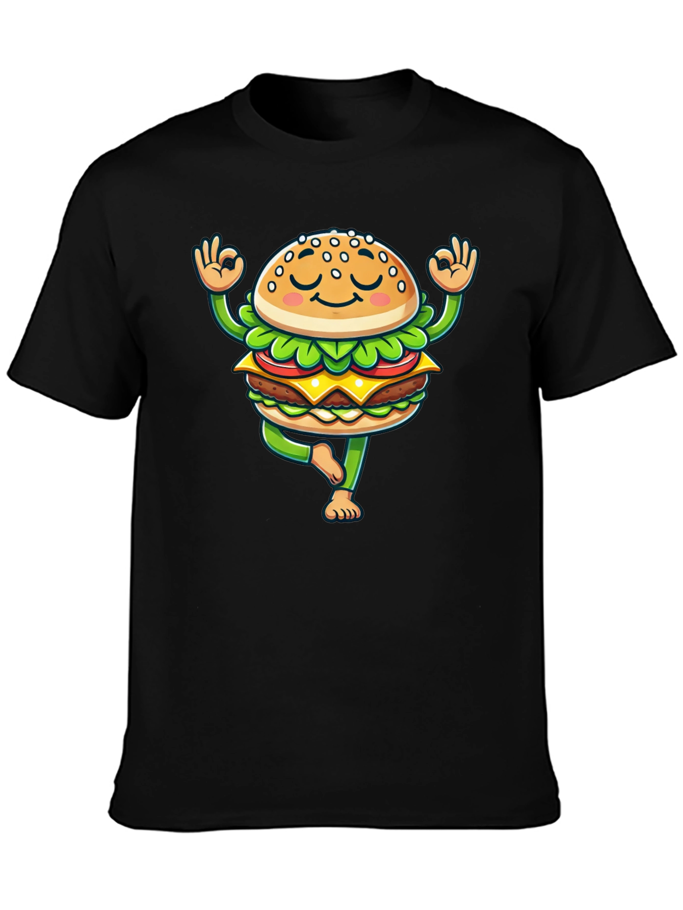Black Yoga Burger T-Shirt - Meditating Fast Food Tee view 3