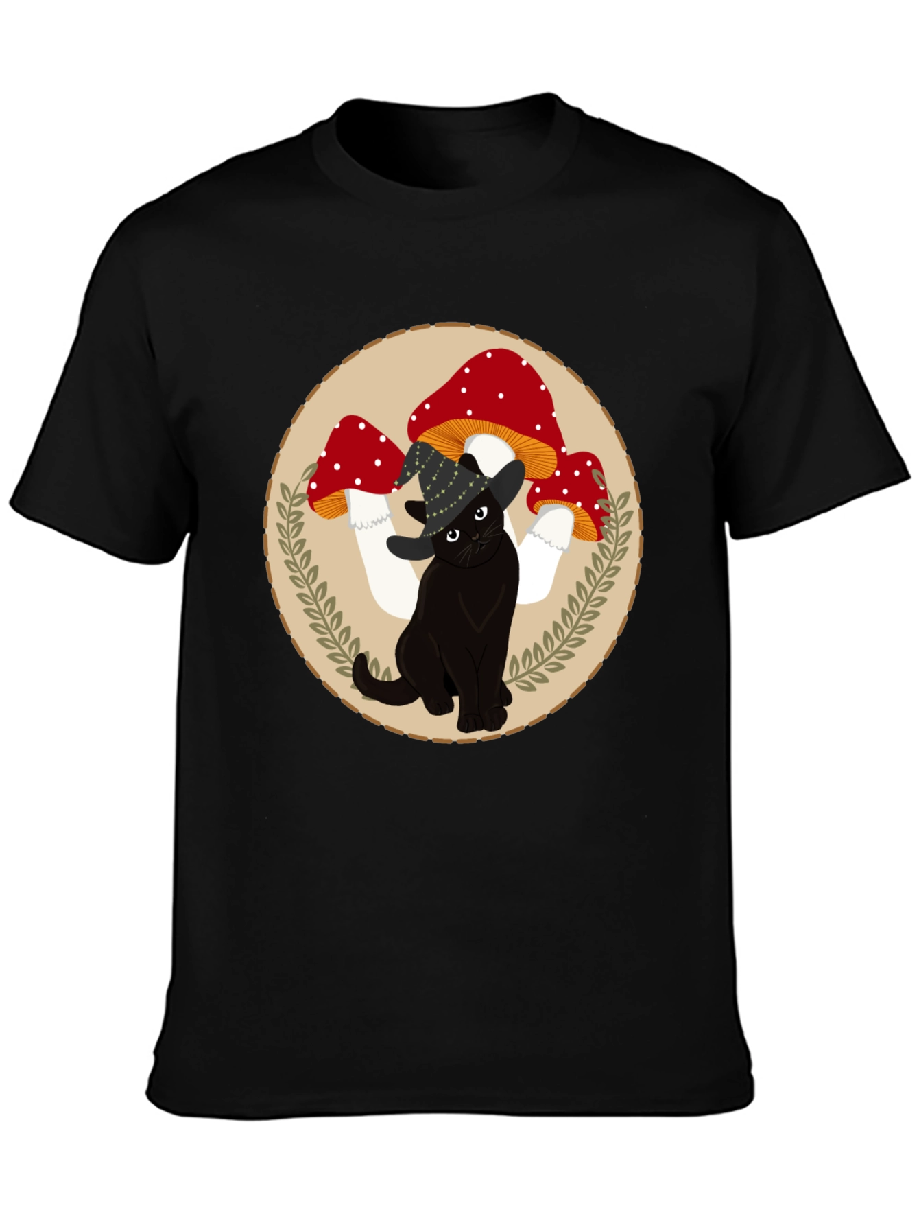 Black Black Cat & Mushroom T-Shirt - Whimsical Graphic Tee view 3