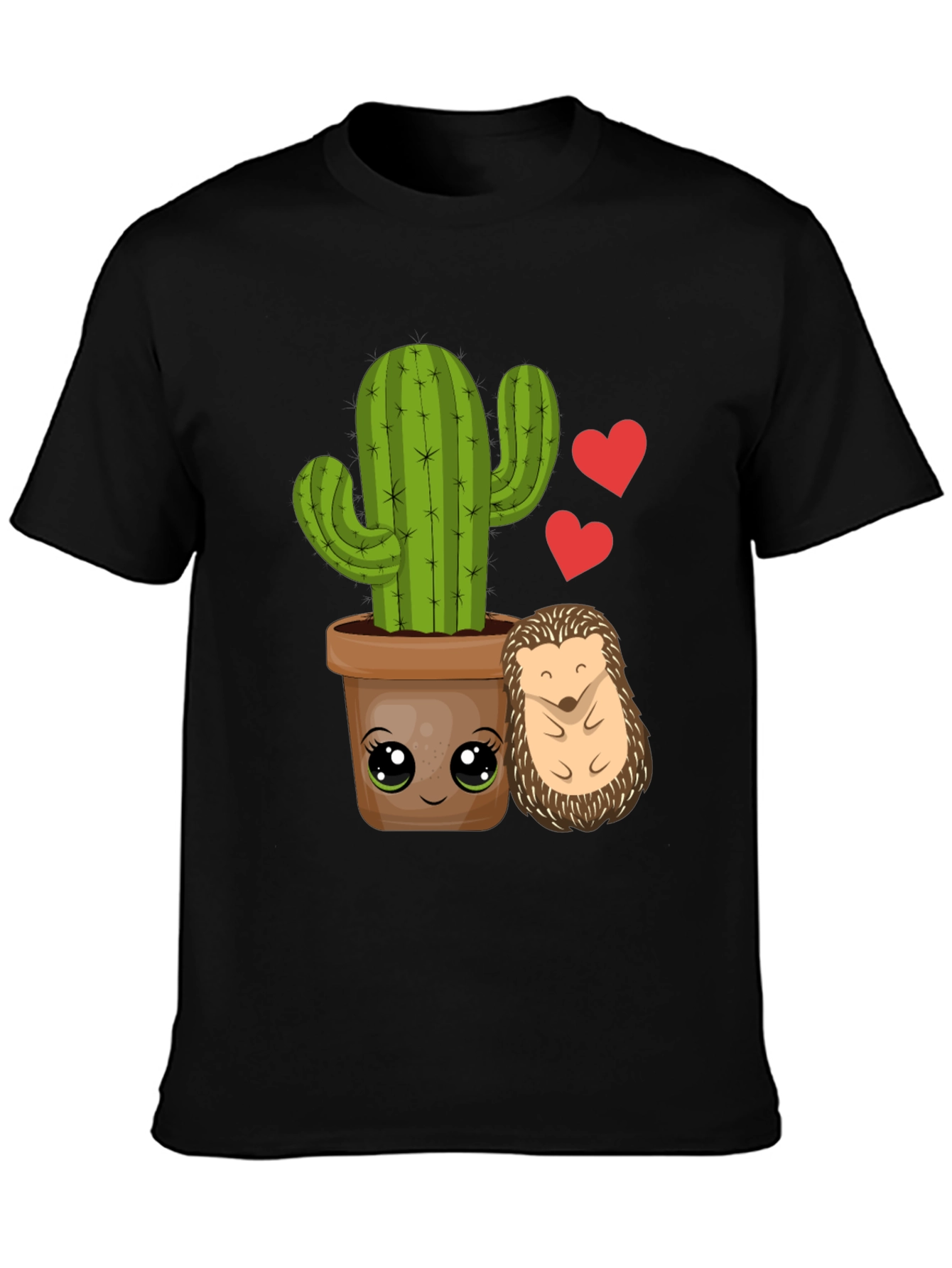Black Cute Cactus & Hedgehog T-Shirt view 3