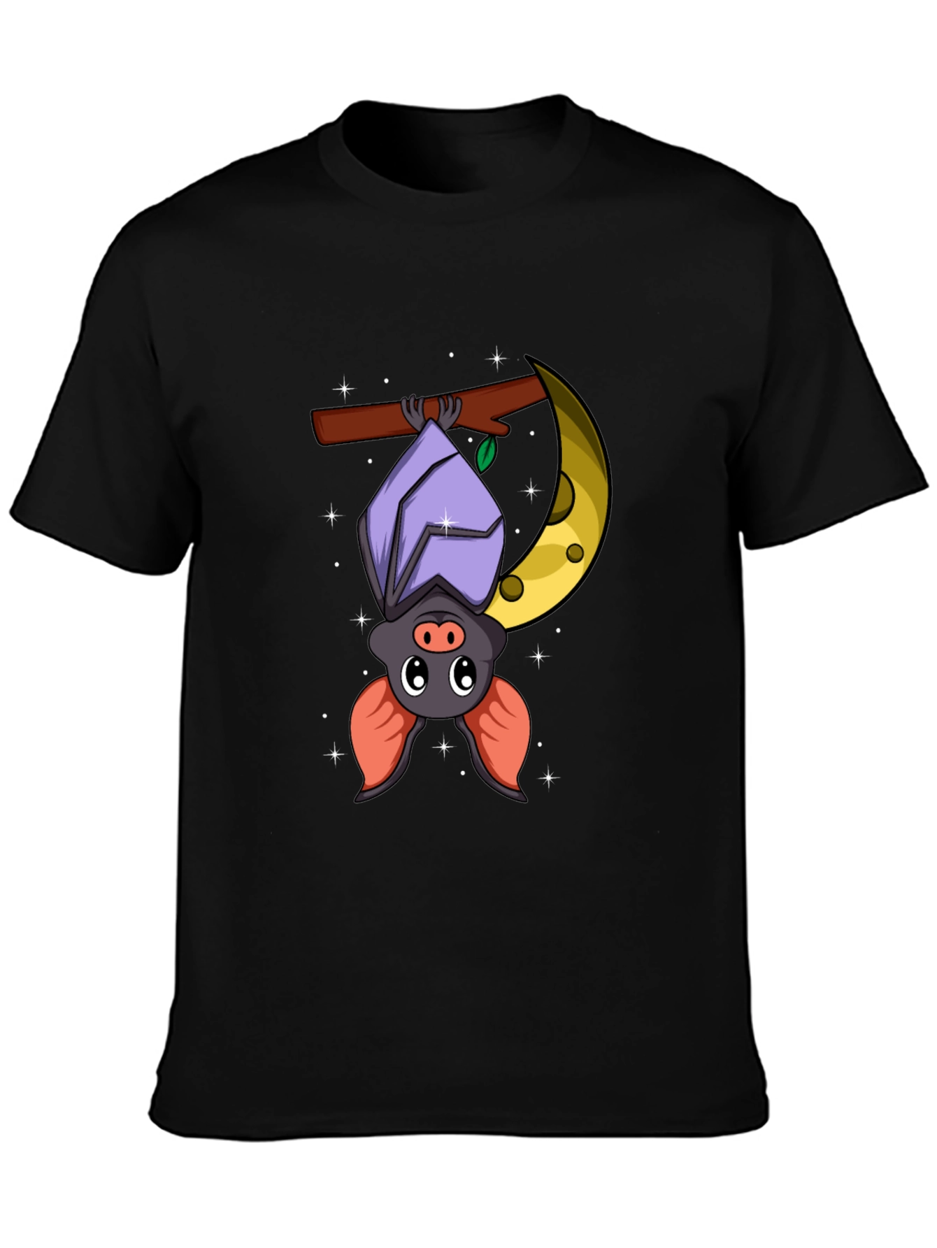 Black Cute Bat on Moon Graphic Tee - Black Cotton T-Shirt view 3