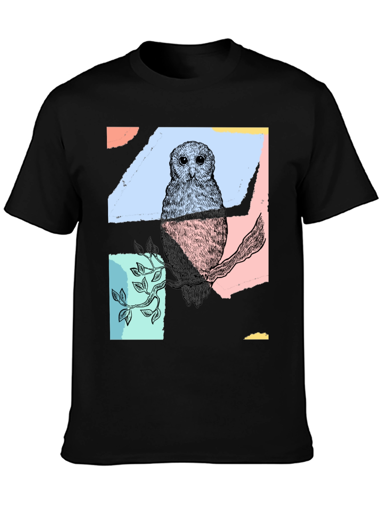 Black Abstract Owl Print Black T-Shirt view 3