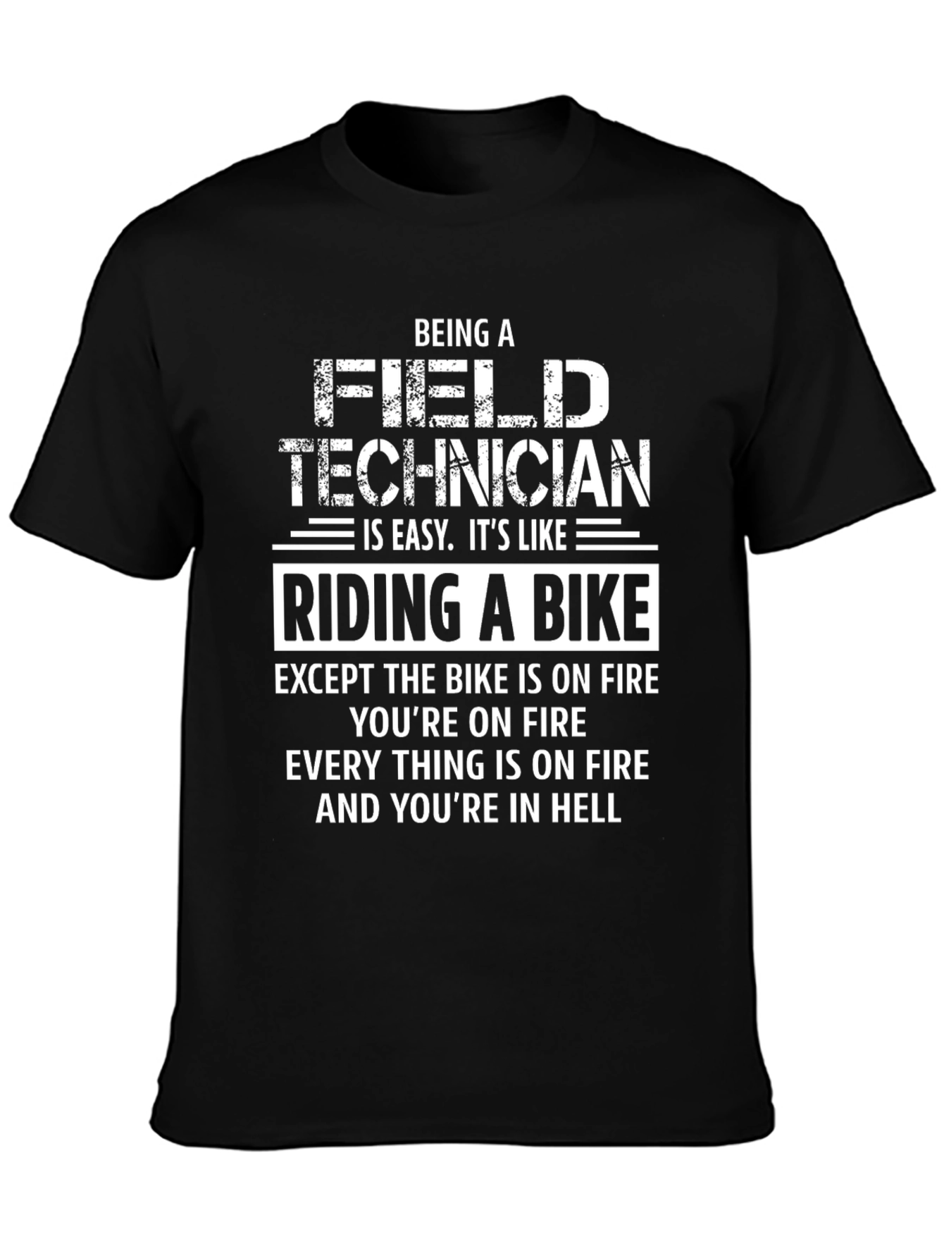 Black Funny Field Technician T-Shirt: Riding a Bike in Hell view 3