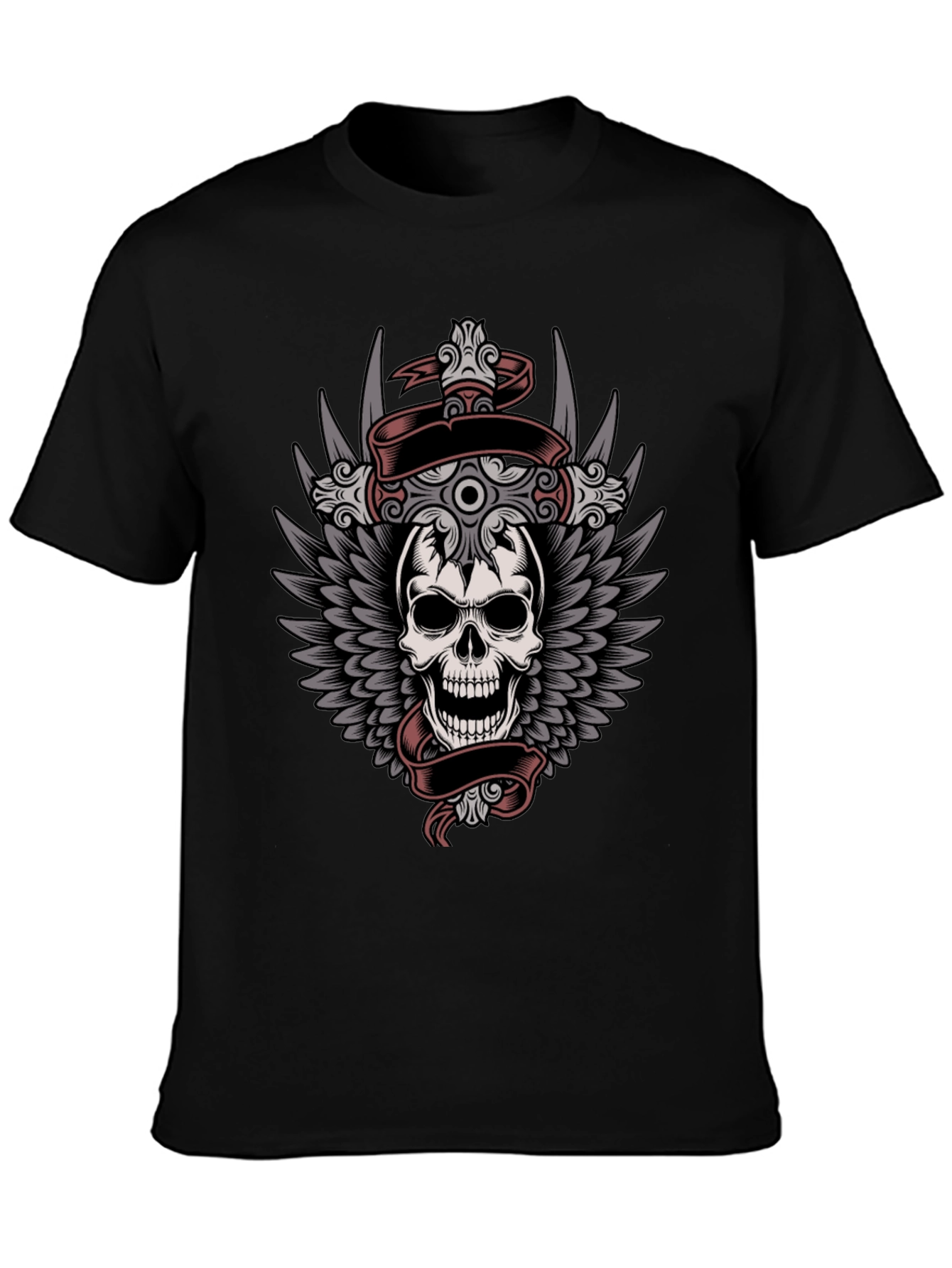 Black Skull & Wings Graphic Tee - Men's Black T-Shirt view 3
