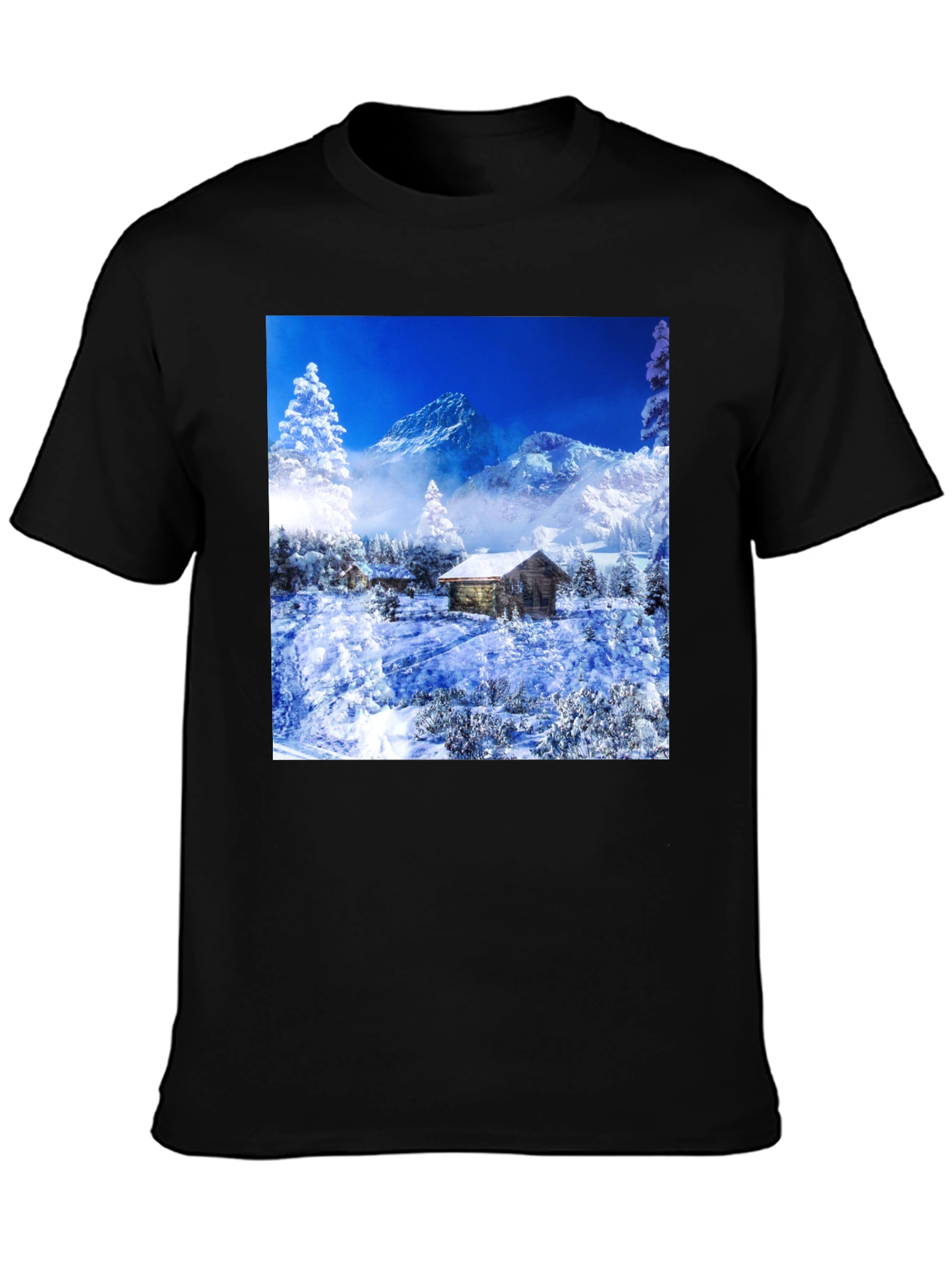Black Winter Cabin T-Shirt: Mountain Scenery Tee view 3