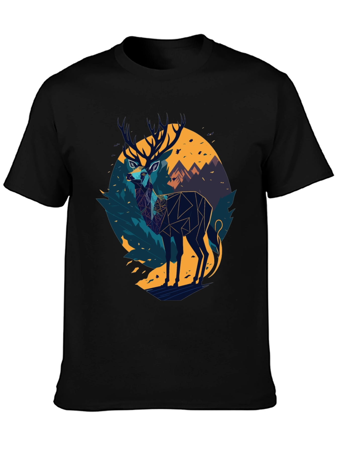Black Geometric Deer Graphic Black T-Shirt view 3
