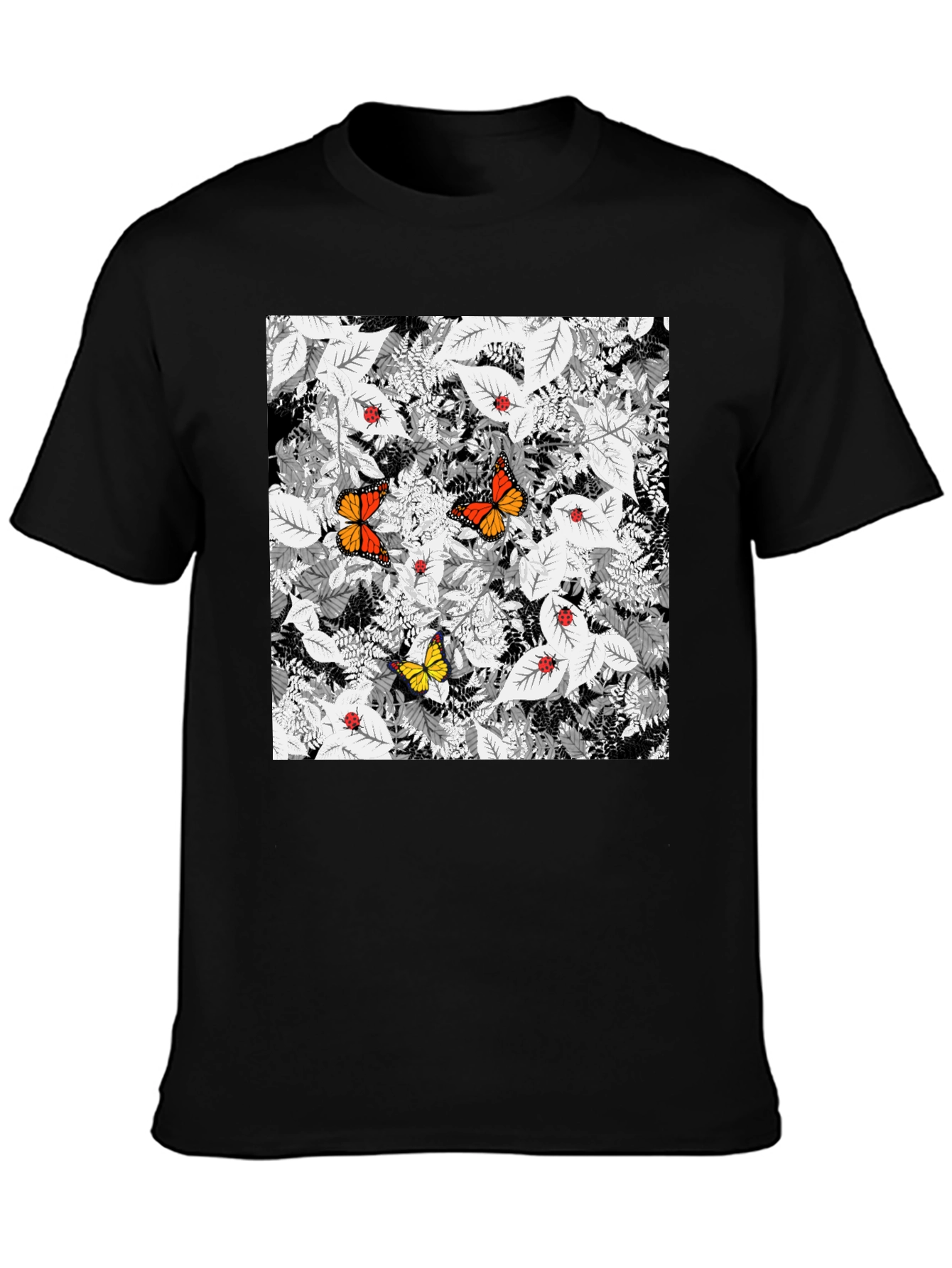 Black Butterfly & Ladybug Graphic Print Black T-Shirt view 3